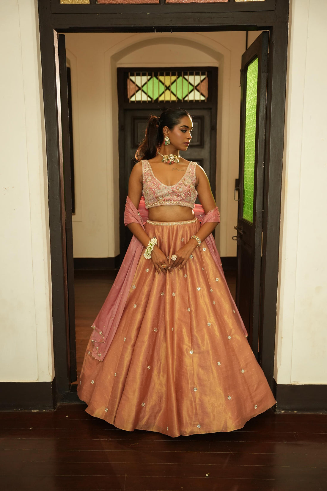 Champagne Pink (Gold Zari Self Buttie) Lehenga