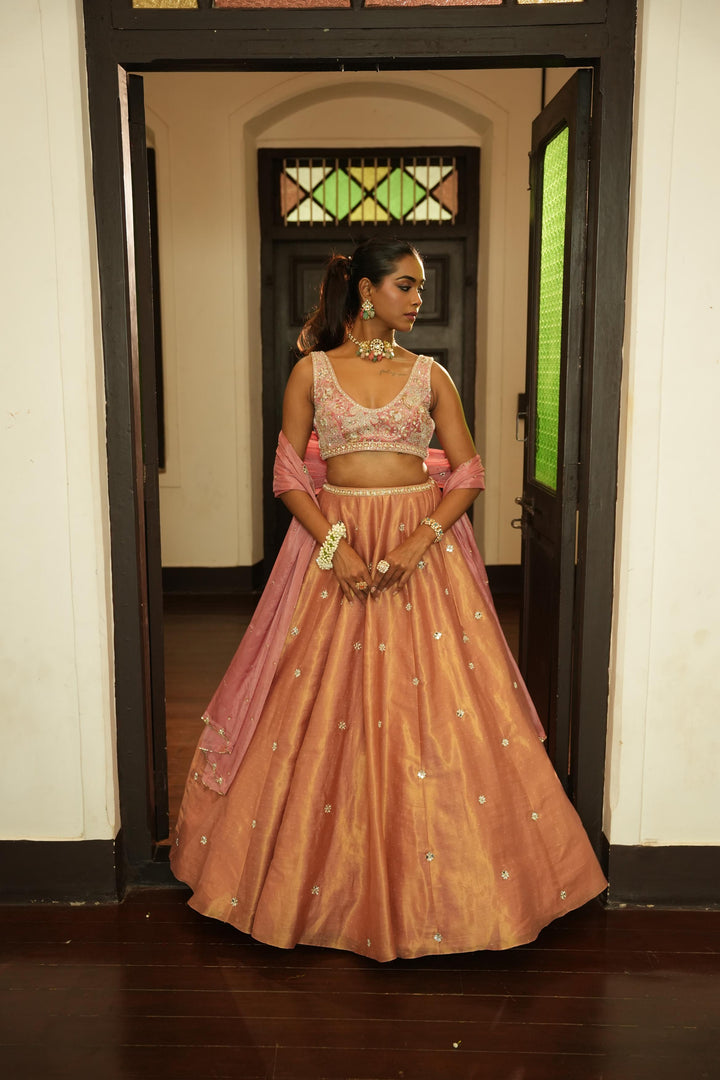 Champagne Pink (Gold Zari Self Buttie) Lehenga