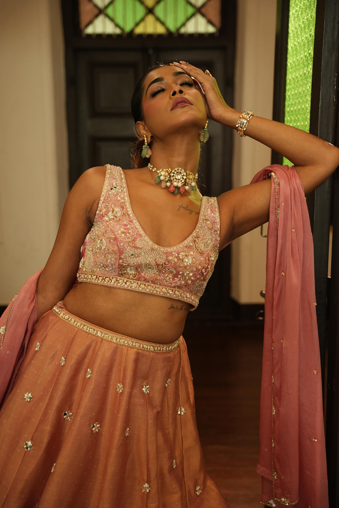 Champagne Pink (Gold Zari Self Buttie) Lehenga