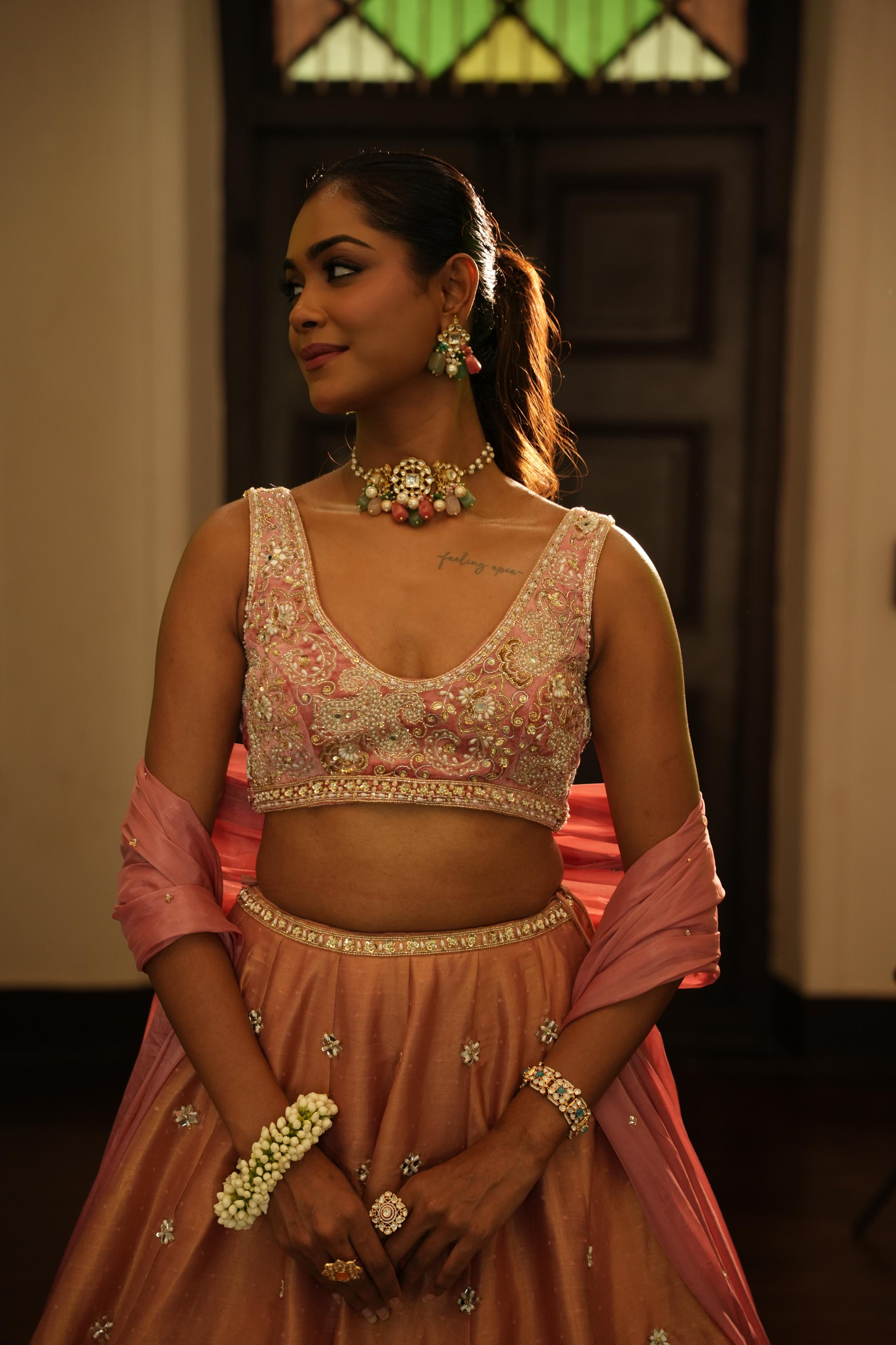 Champagne Pink (Gold Zari Self Buttie) Lehenga