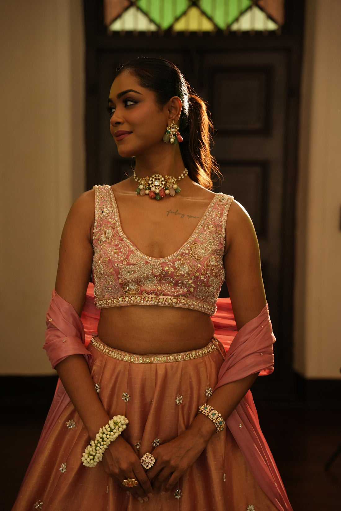 Champagne Pink (Gold Zari Self Buttie) Lehenga