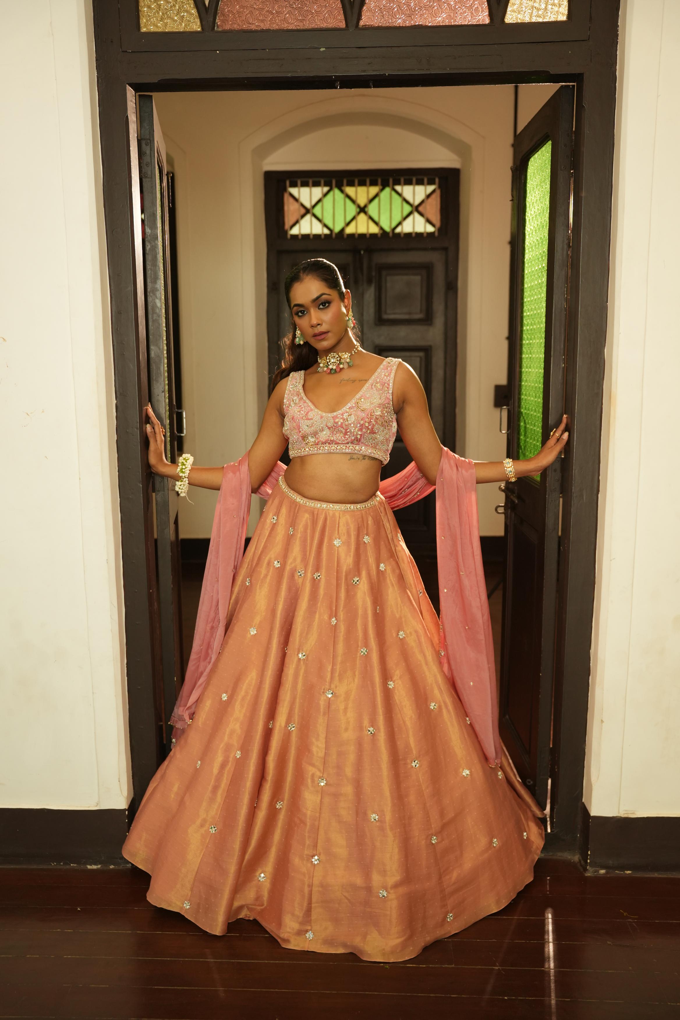 Champagne Pink (Gold Zari Self Buttie) Lehenga