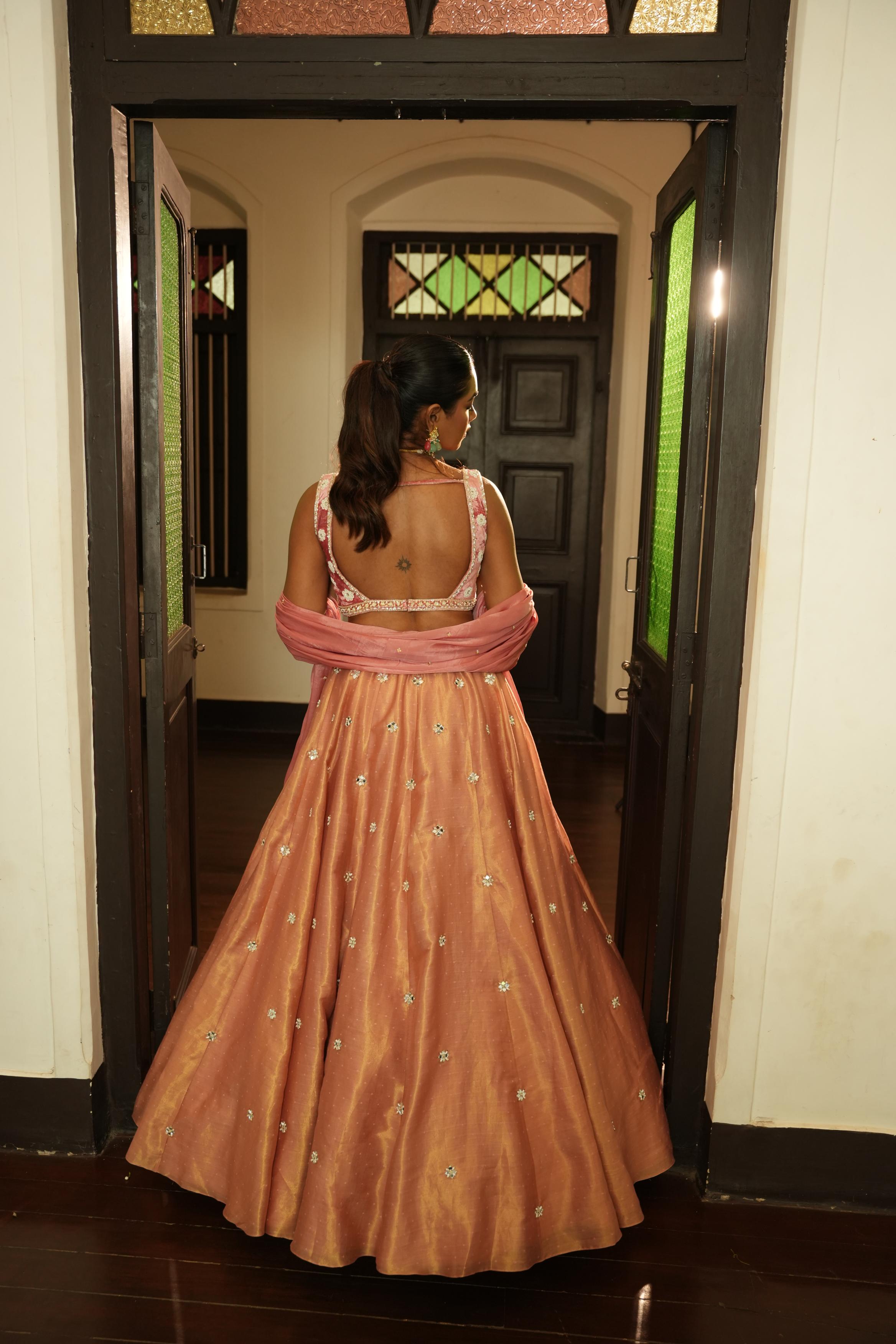 Champagne Pink (Gold Zari Self Buttie) Lehenga