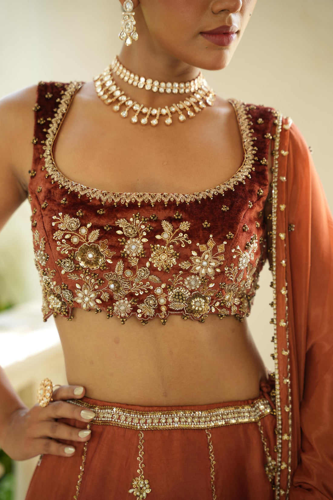 Mitti Rust Brown (Velvet Blouse) Lehenga