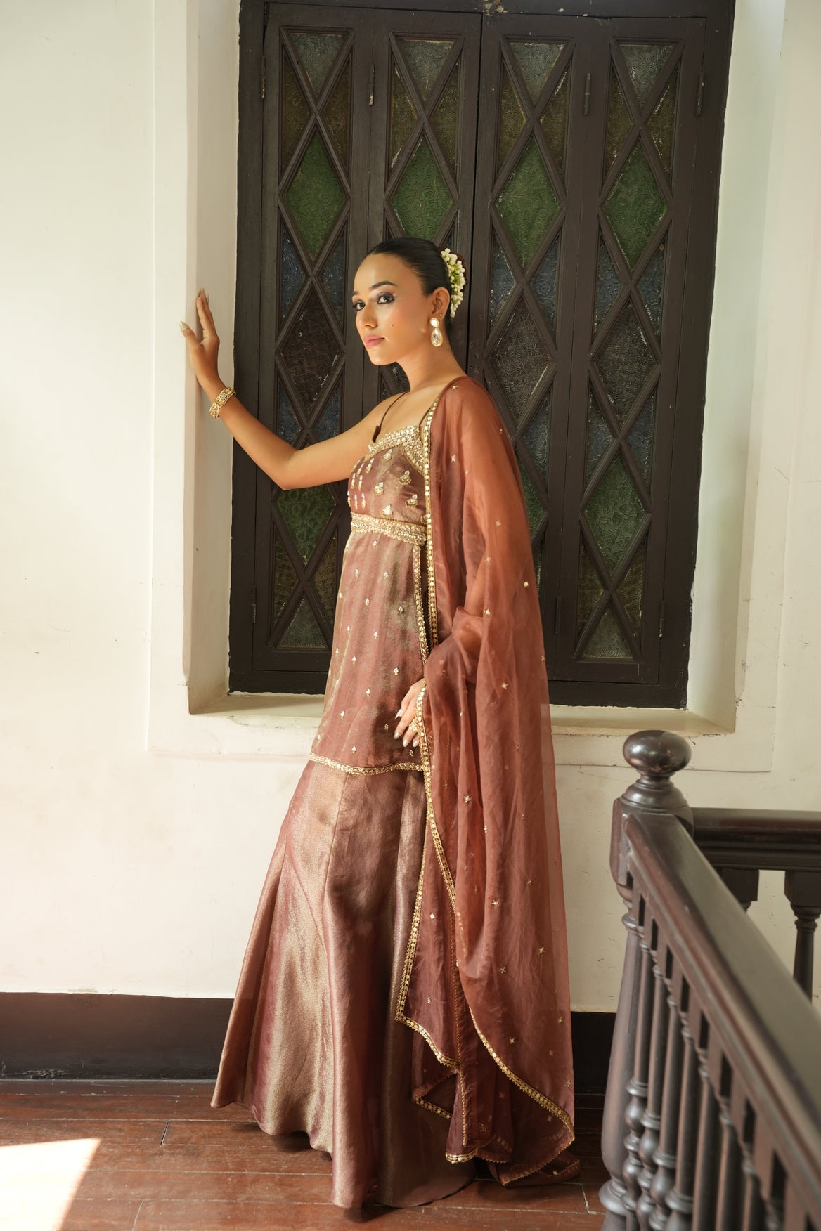 Nude Chocolate Brown Zari Sharara Set