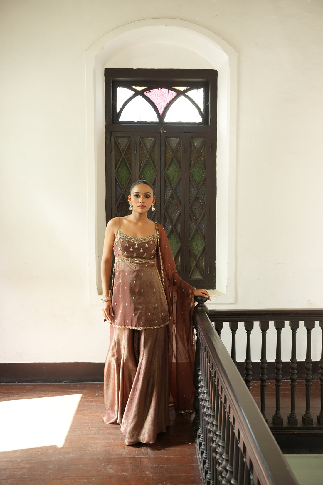 Nude Chocolate Brown Zari Sharara Set