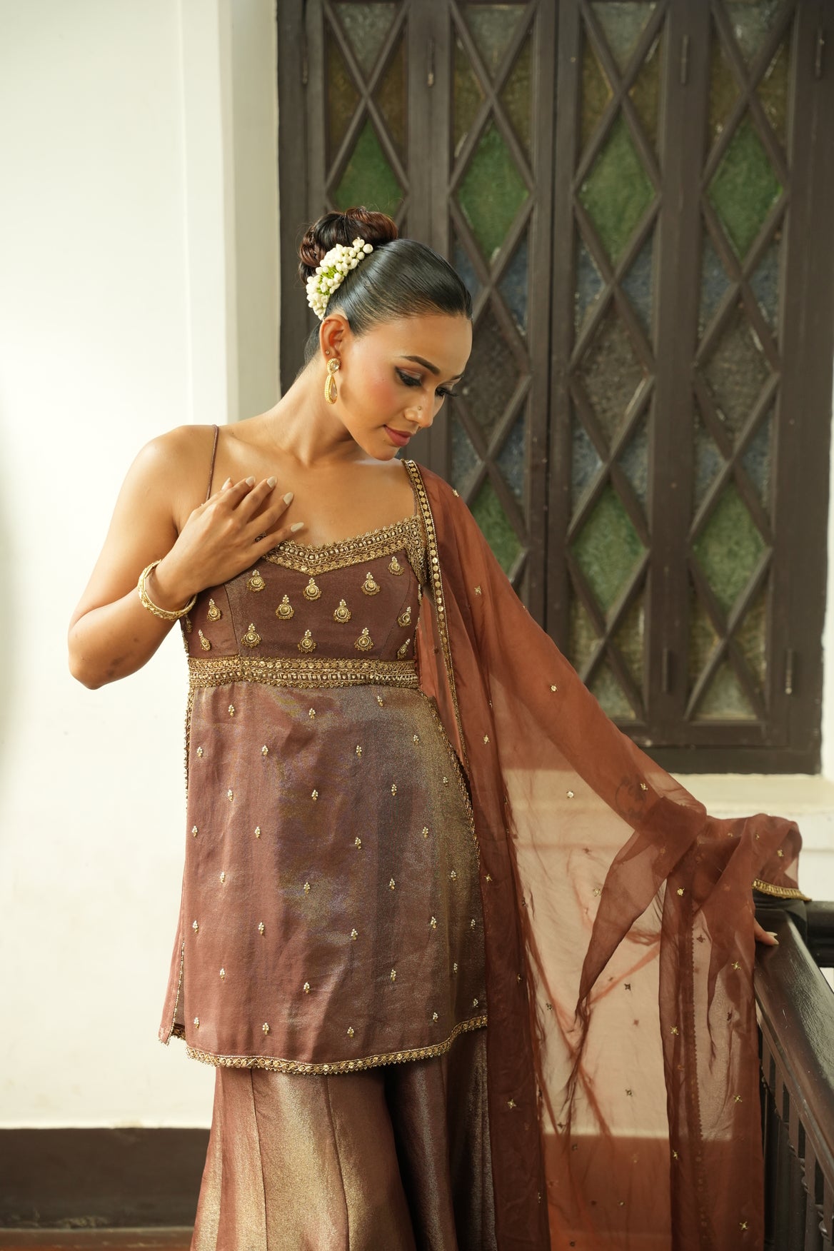 Nude Chocolate Brown Zari Sharara Set