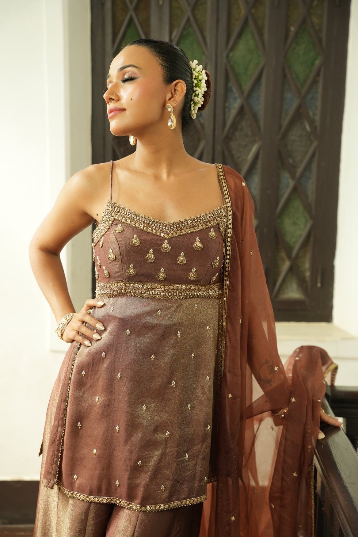 Nude Chocolate Brown Zari Sharara Set