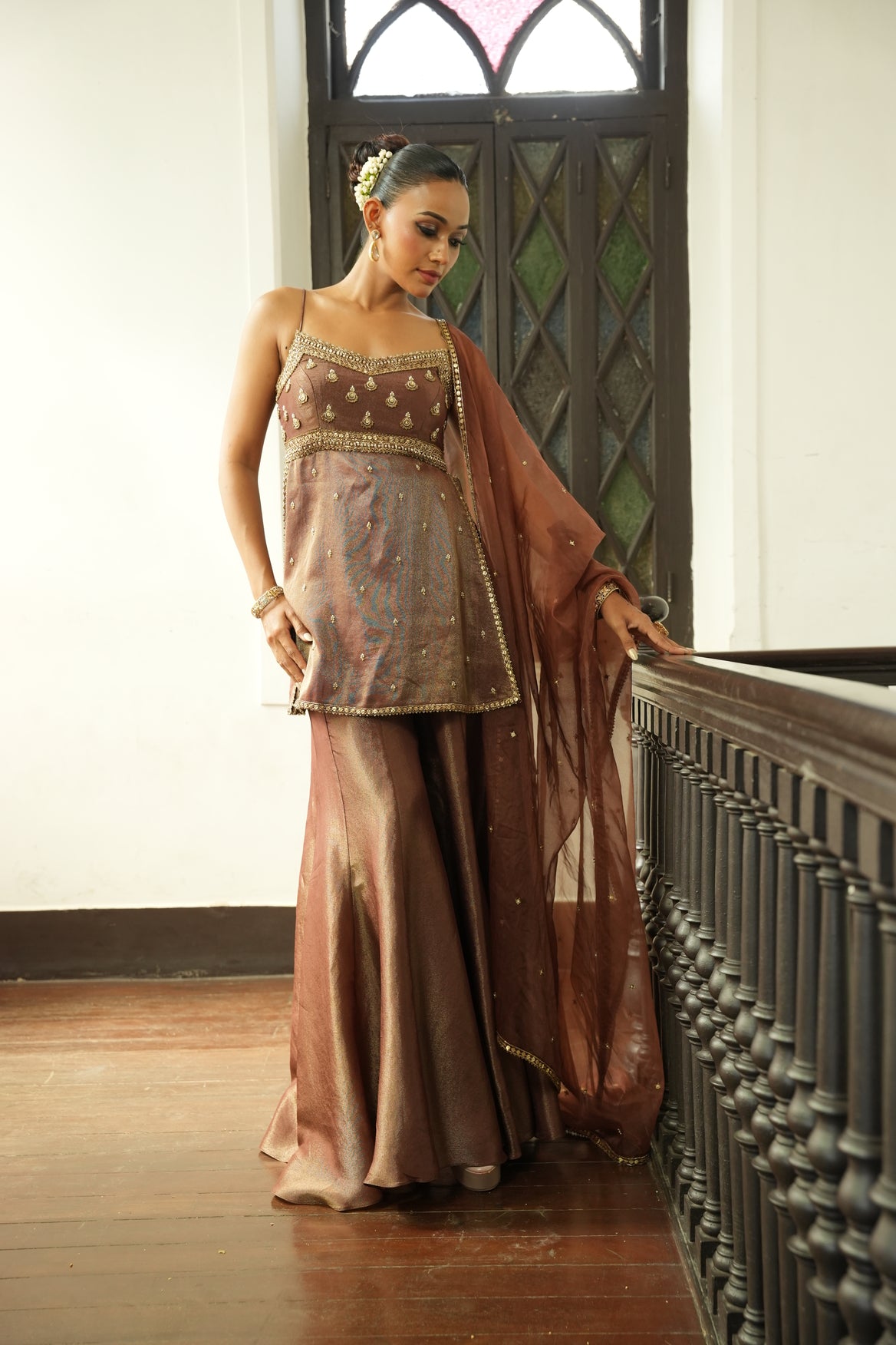 Nude Chocolate Brown Zari Sharara Set