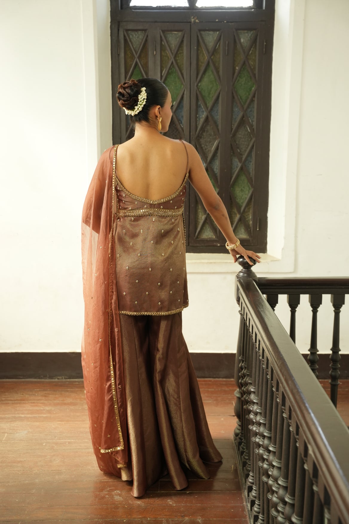 Nude Chocolate Brown Zari Sharara Set