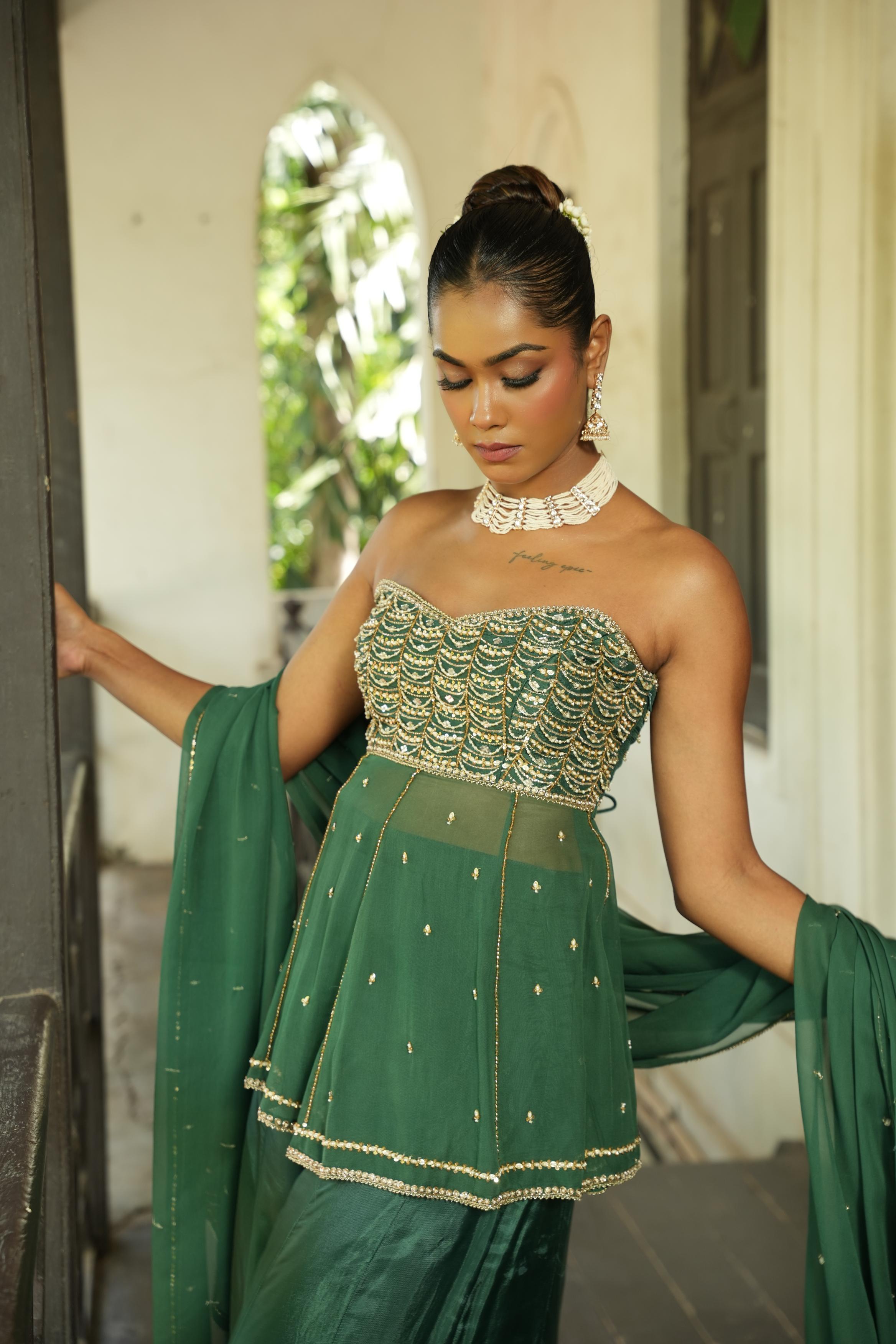 Deep Olive Green - Wine Anarkali With Sharara