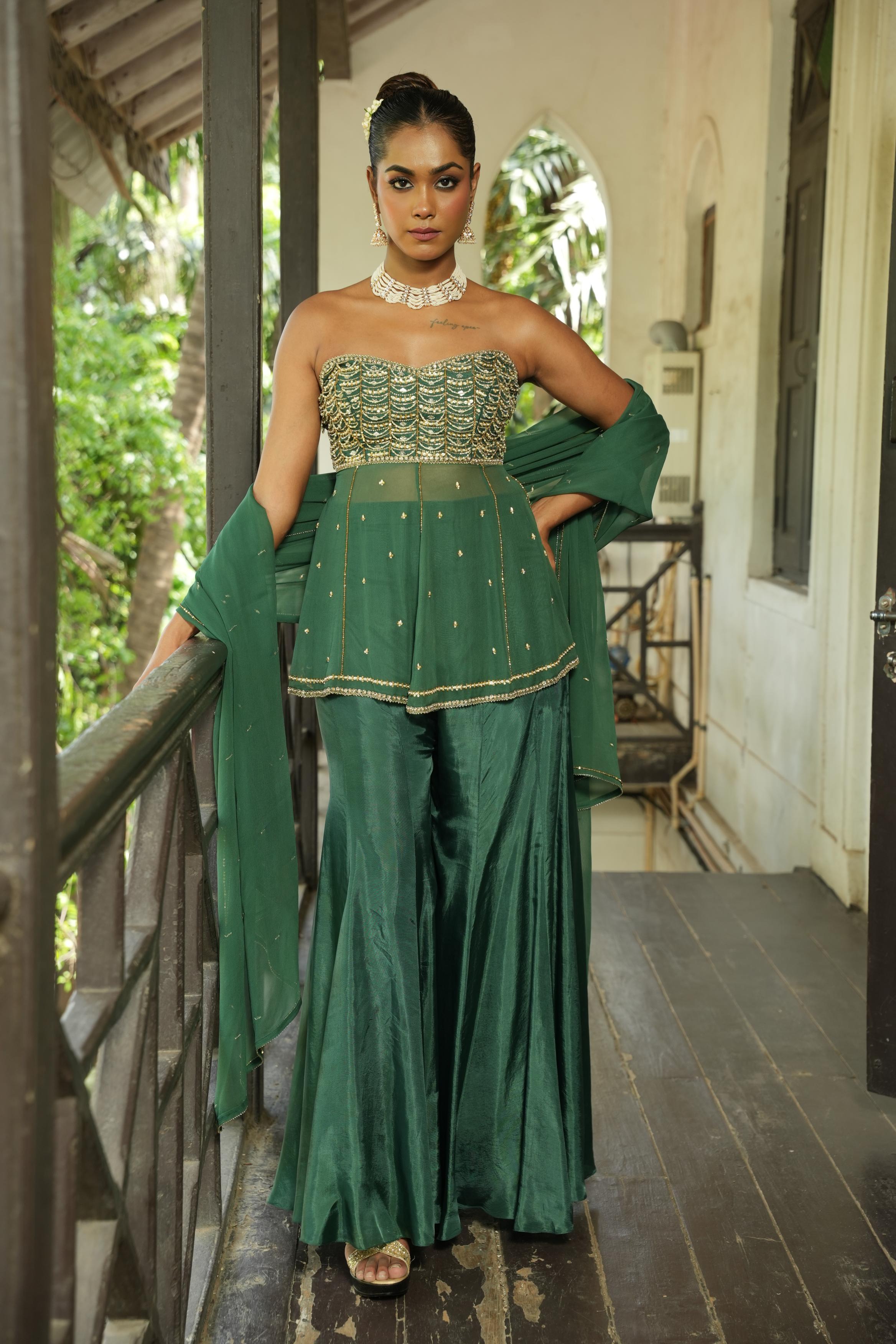 Deep Green (StrapLess) Sharara Set