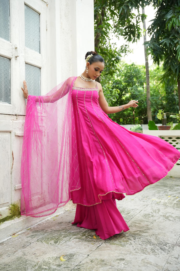 Gulabi Pink (Strap) Anarkali With Sharara Set