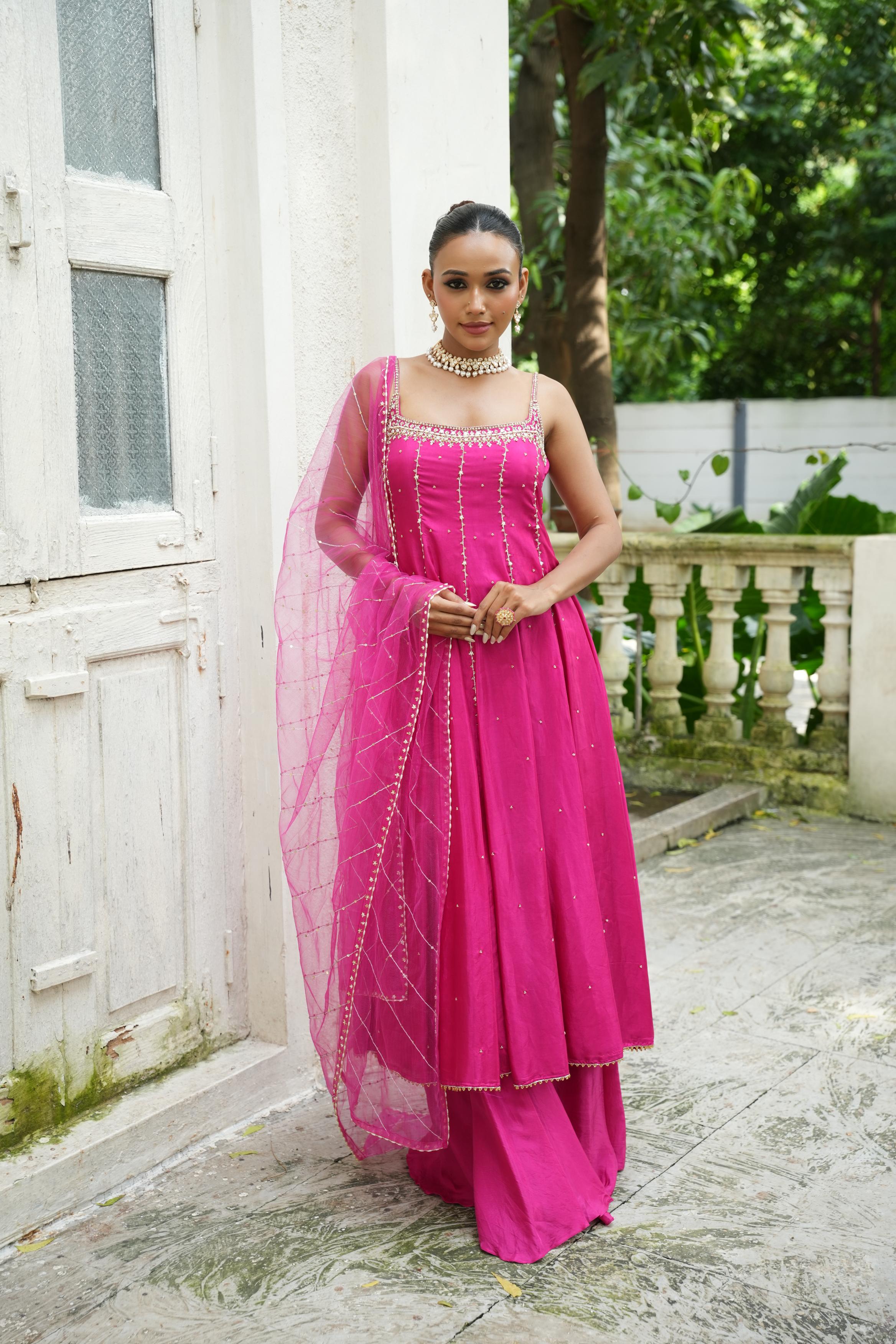 Gulabi Pink (Strap) Anarkali With Sharara Set