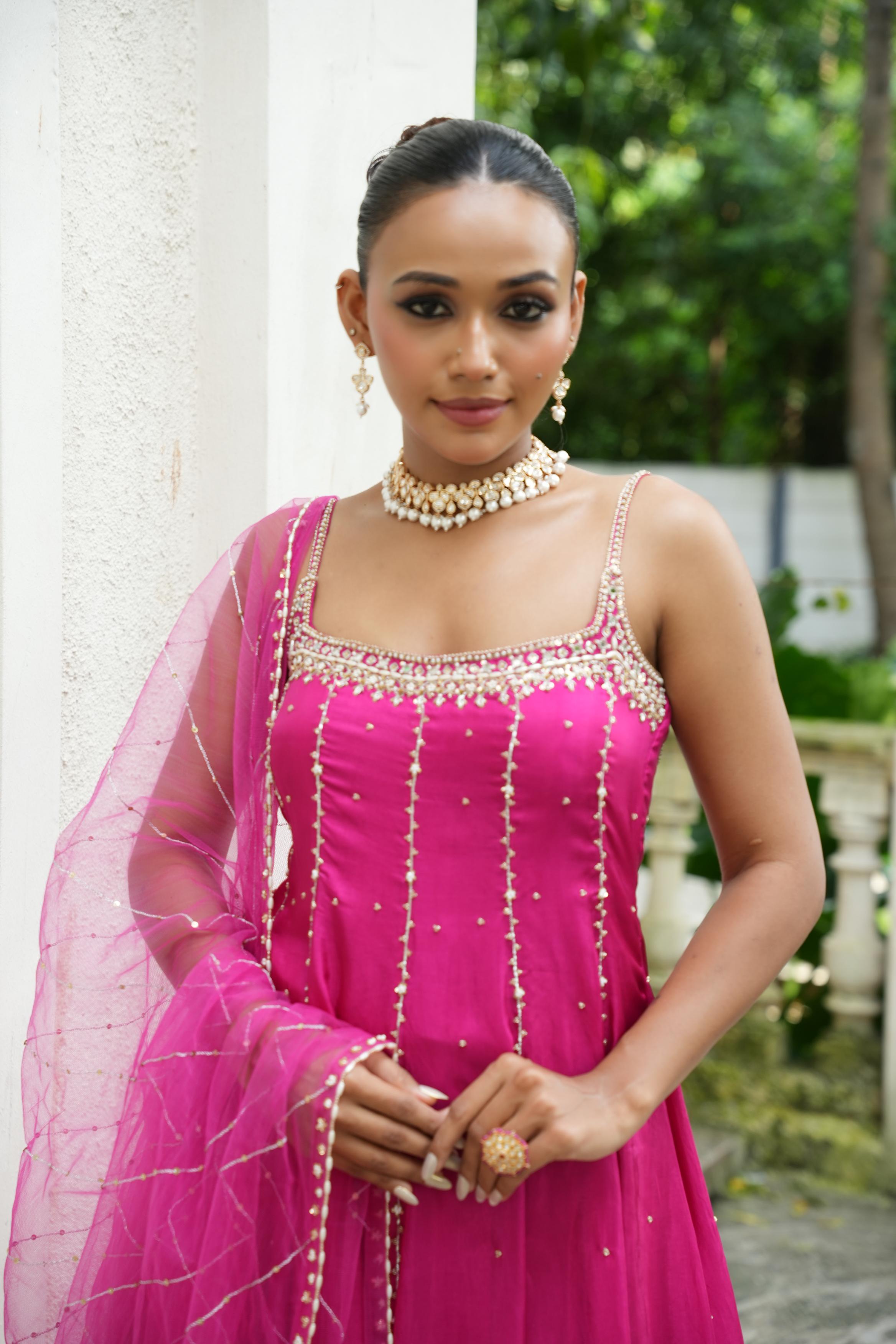 Gulabi Pink (Strap) Anarkali With Sharara Set