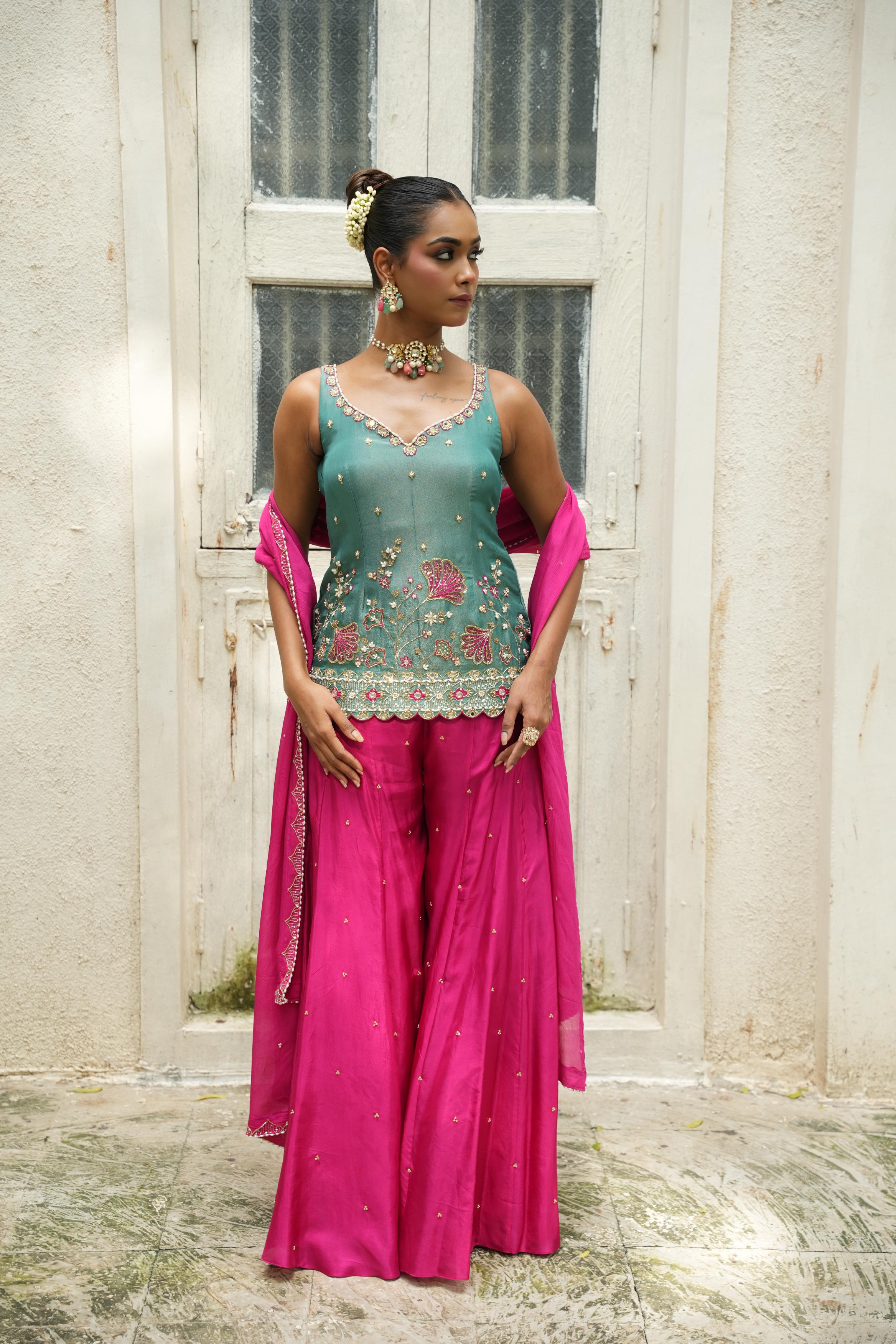 Peacock Blue (Zari) - Hot Pink Sharara Set