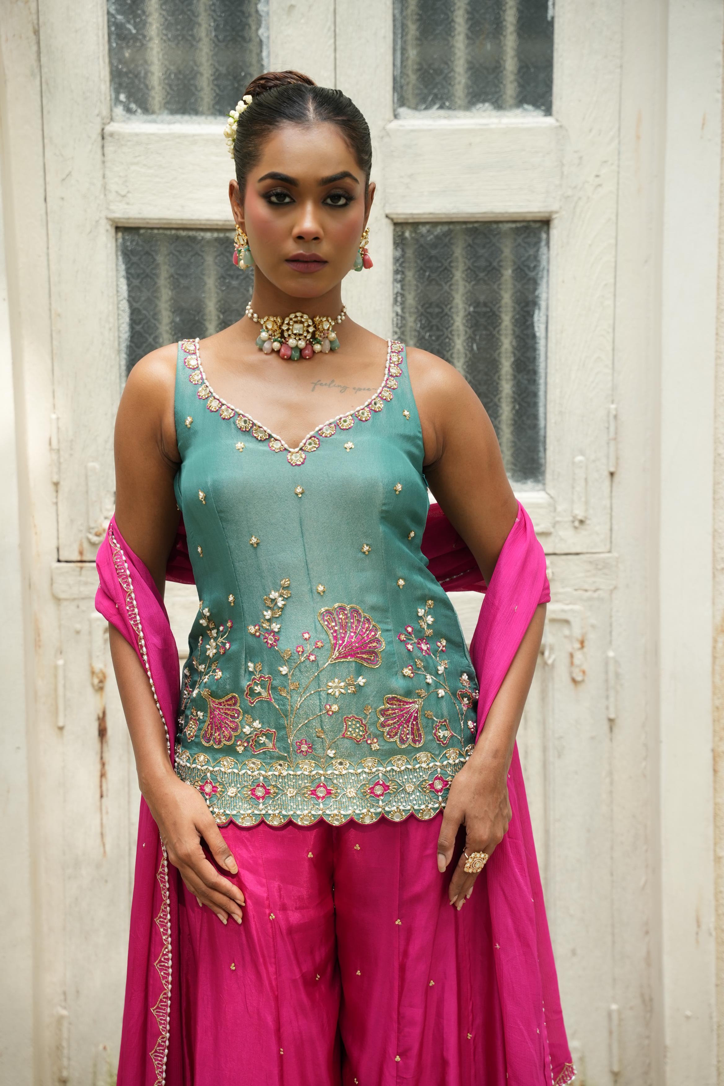 Peacock Blue (Zari) - Hot Pink Sharara Set