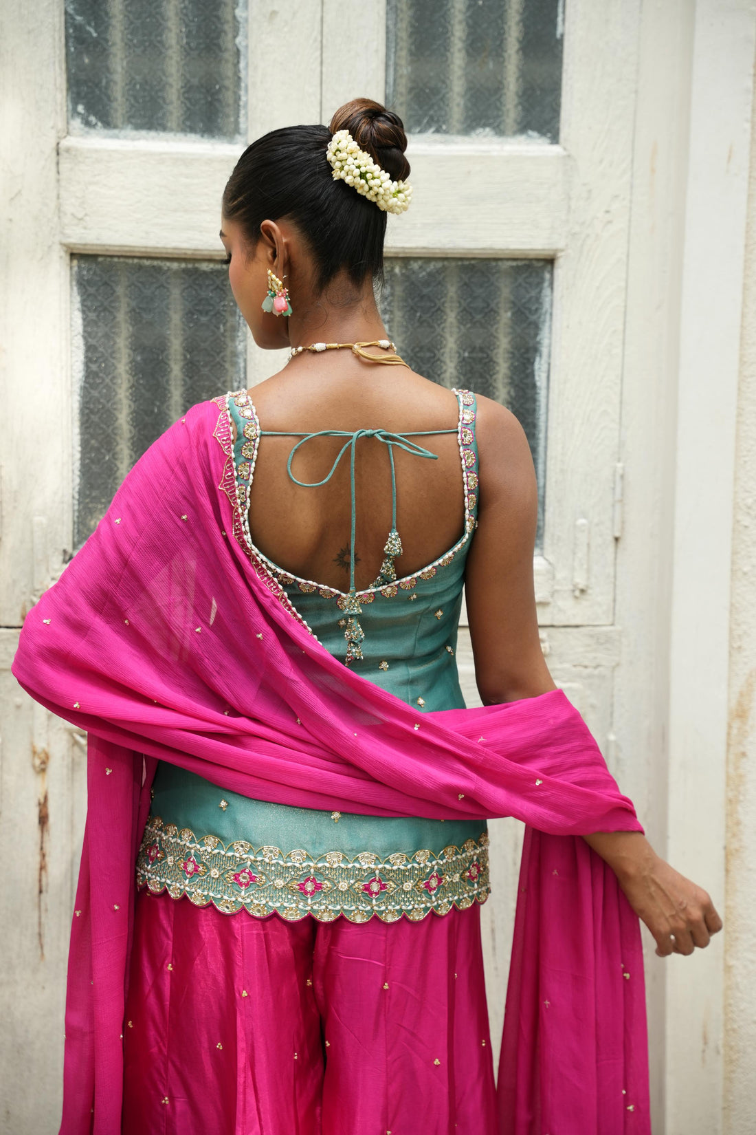Peacock Blue (Zari) - Hot Pink Sharara Set