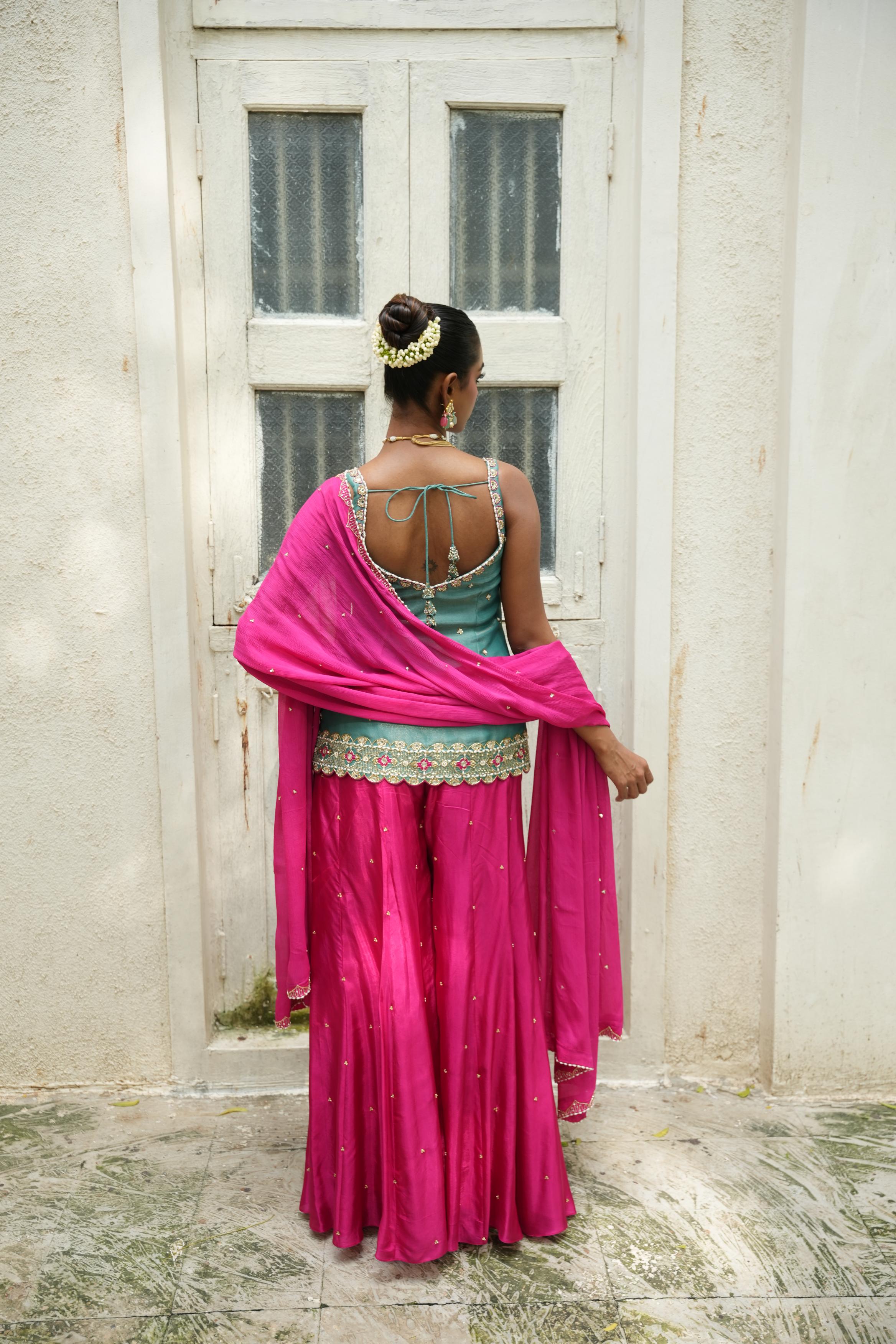 Peacock Blue (Zari) - Hot Pink Sharara Set