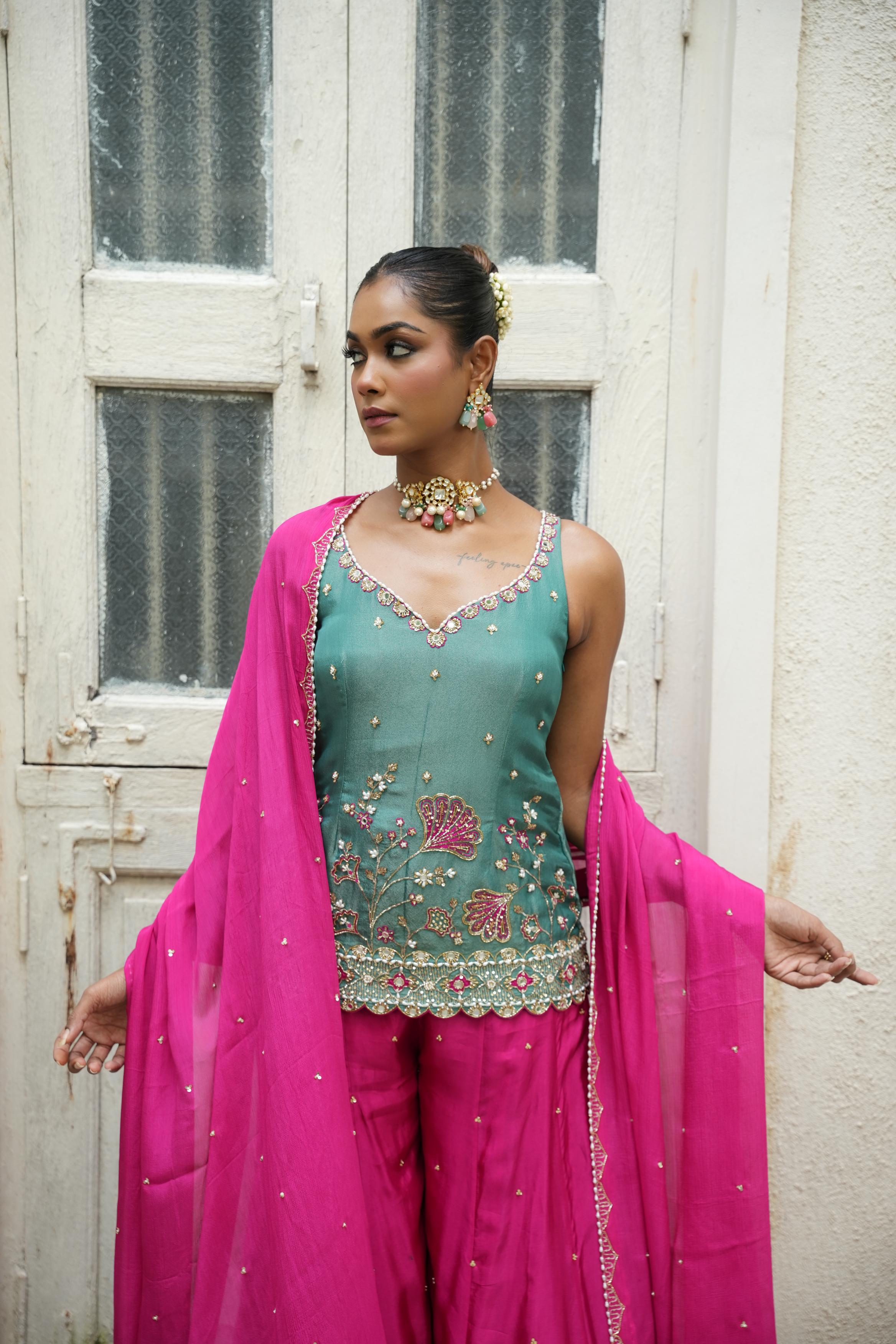 Peacock Blue (Zari) - Hot Pink Sharara Set