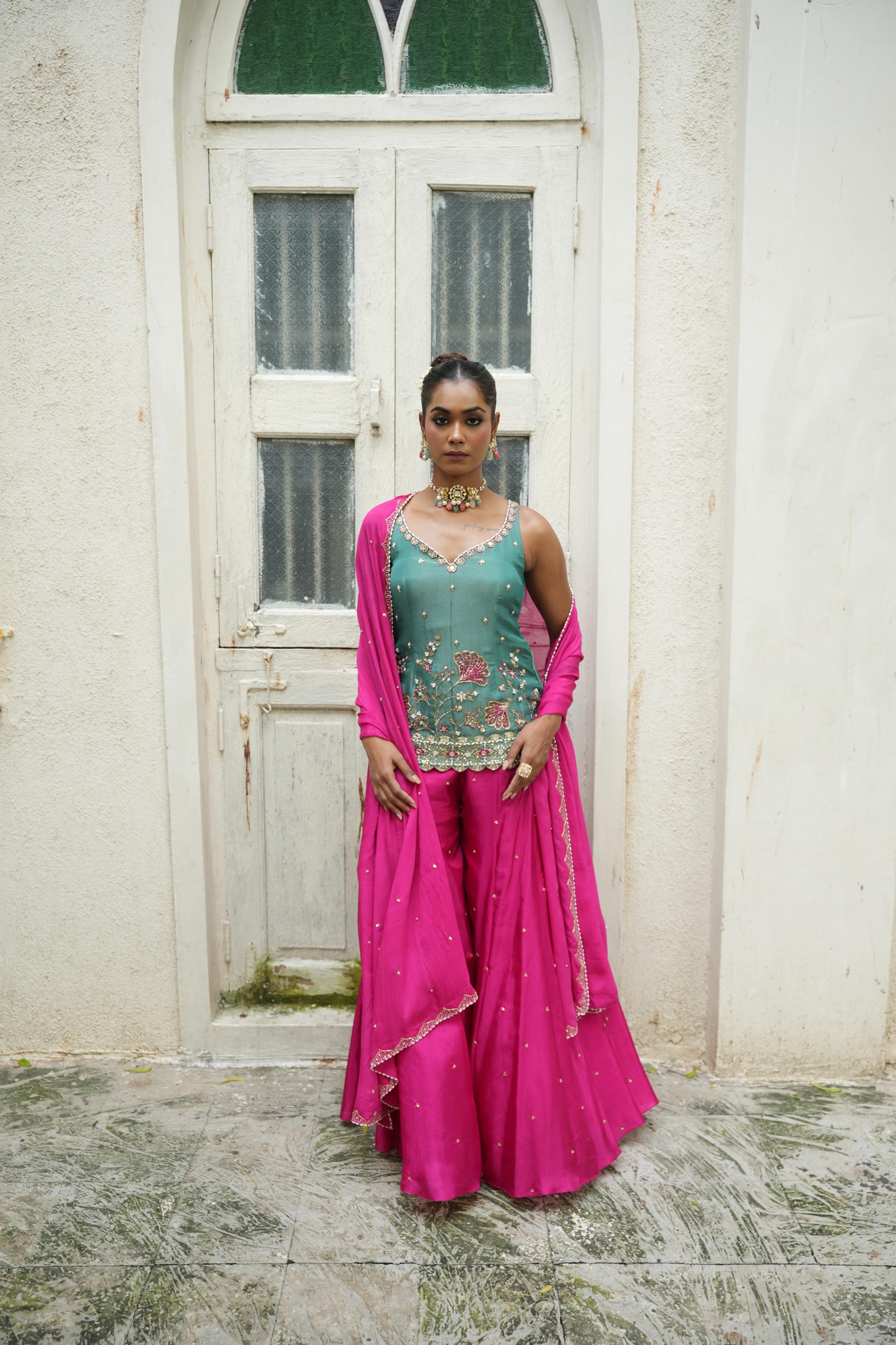 Peacock Blue (Zari) - Hot Pink Sharara Set