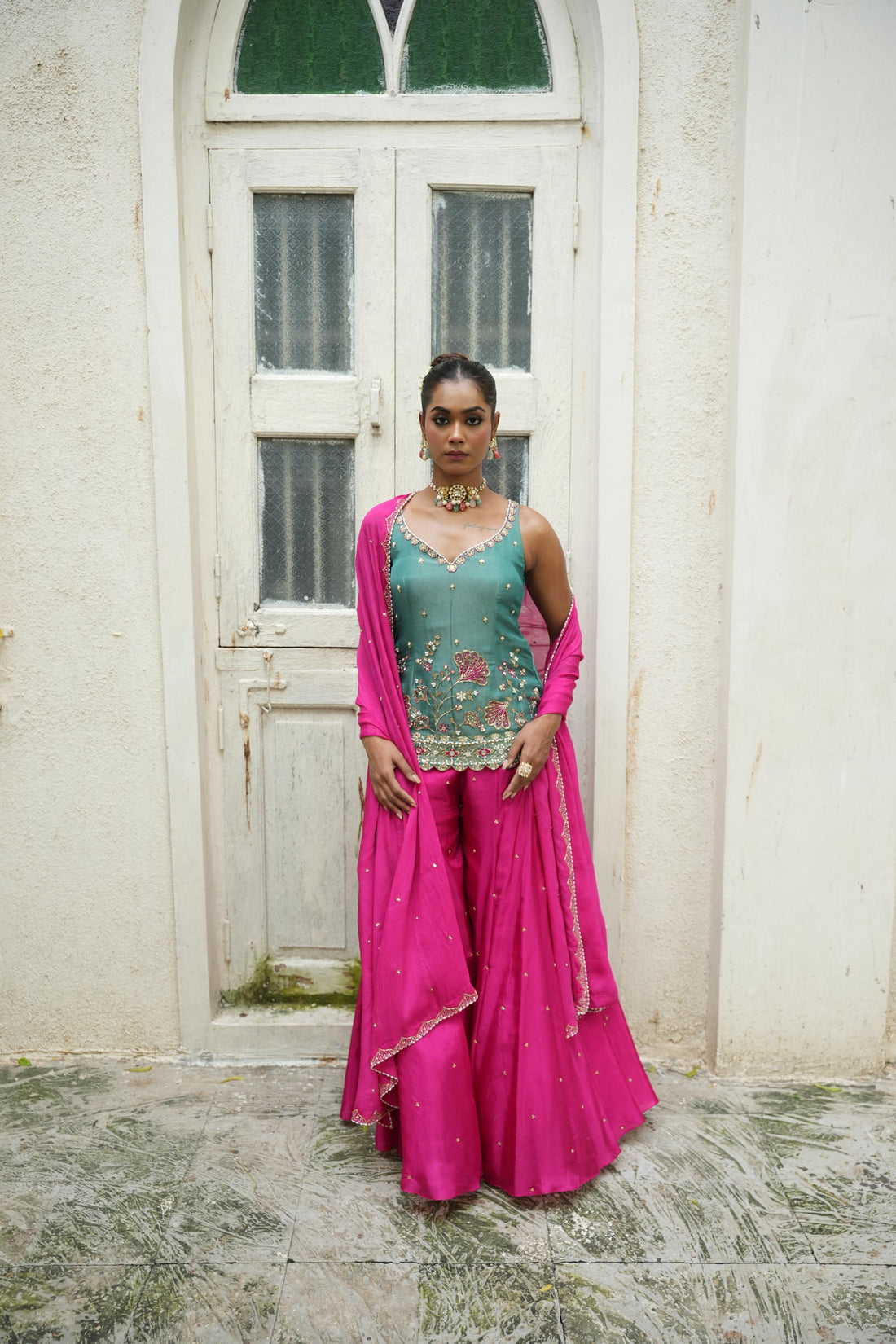 Peacock Blue (Zari) - Hot Pink Sharara Set