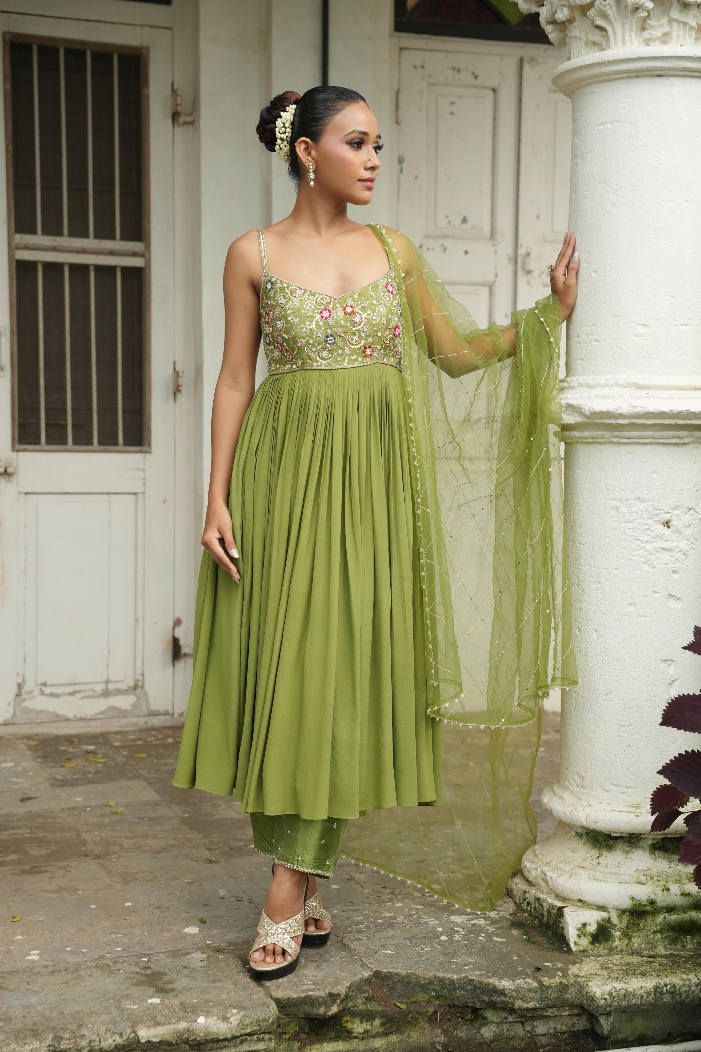 Pista Green (Strap) ( ColourFull Resham Details) Anarkali With Pants