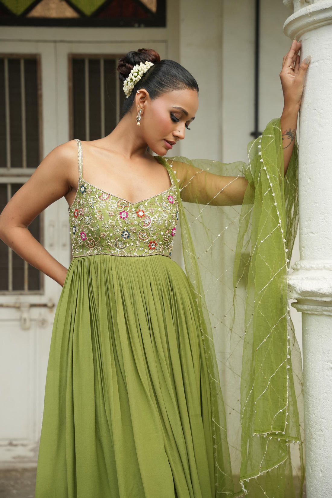 Pista Green (Strap) ( ColourFull Resham Details) Anarkali With Pants