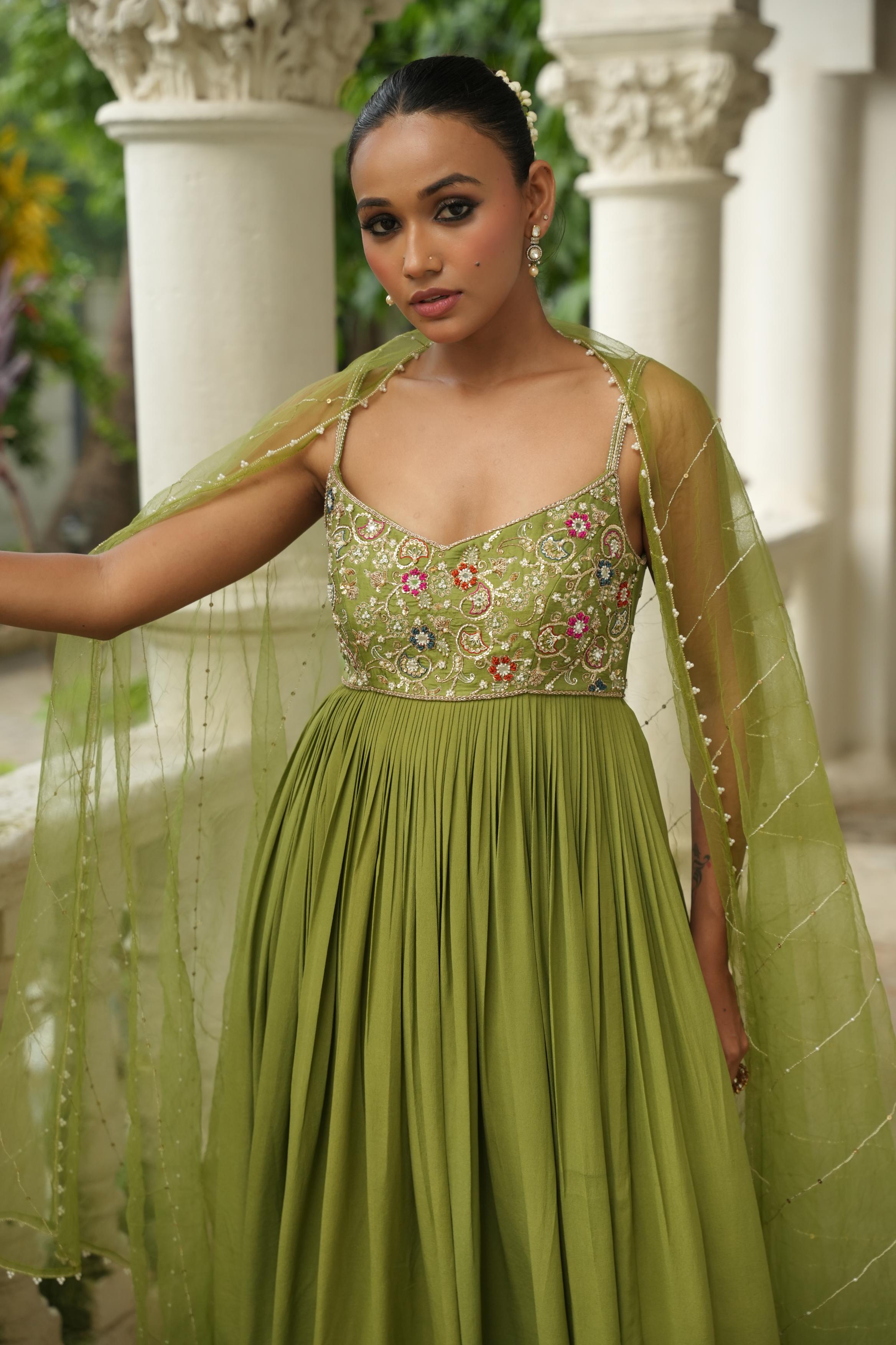 Pista Green (Strap) ( ColourFull Resham Details) Anarkali With Pants