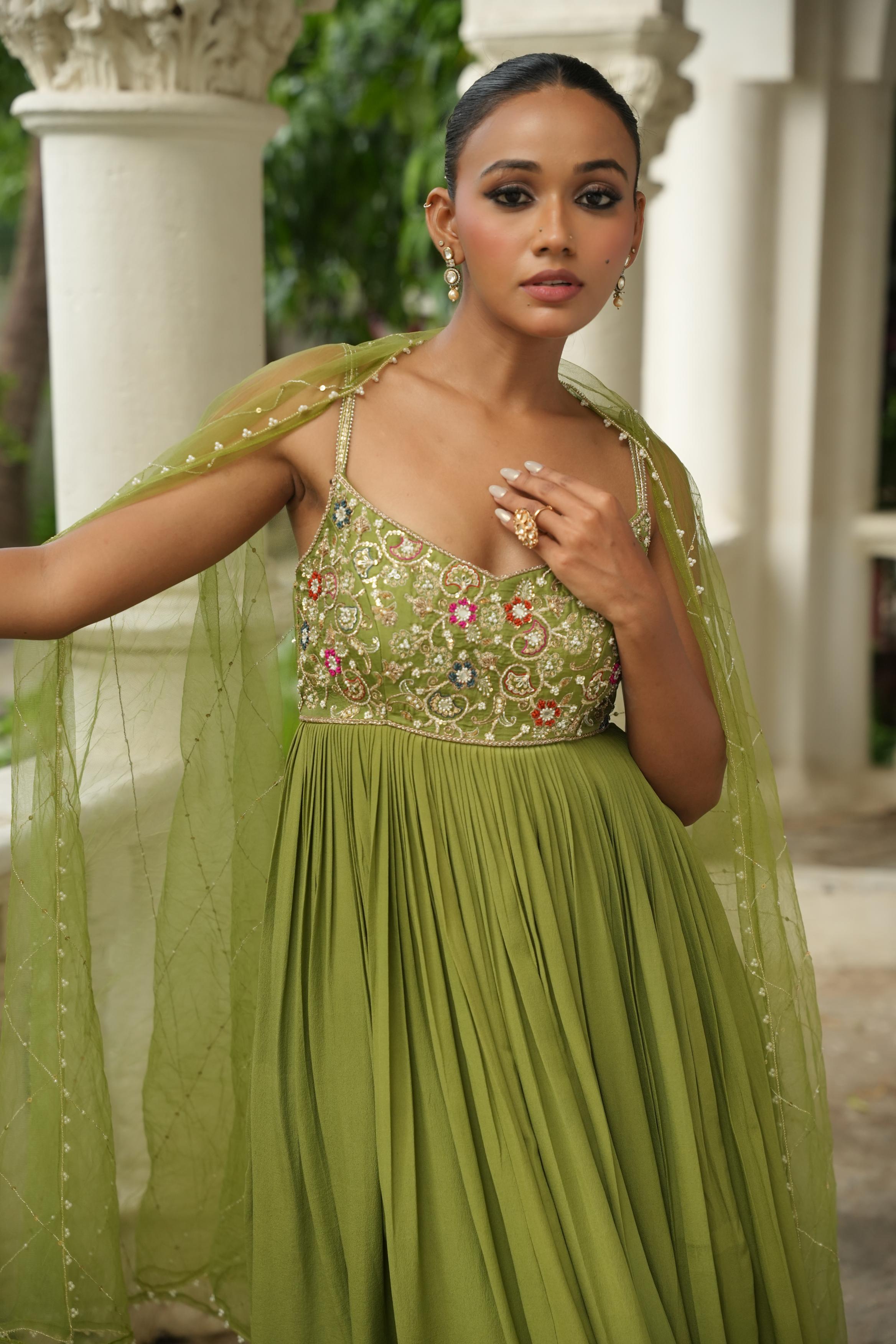 Pista Green (Strap) ( ColourFull Resham Details) Anarkali With Pants