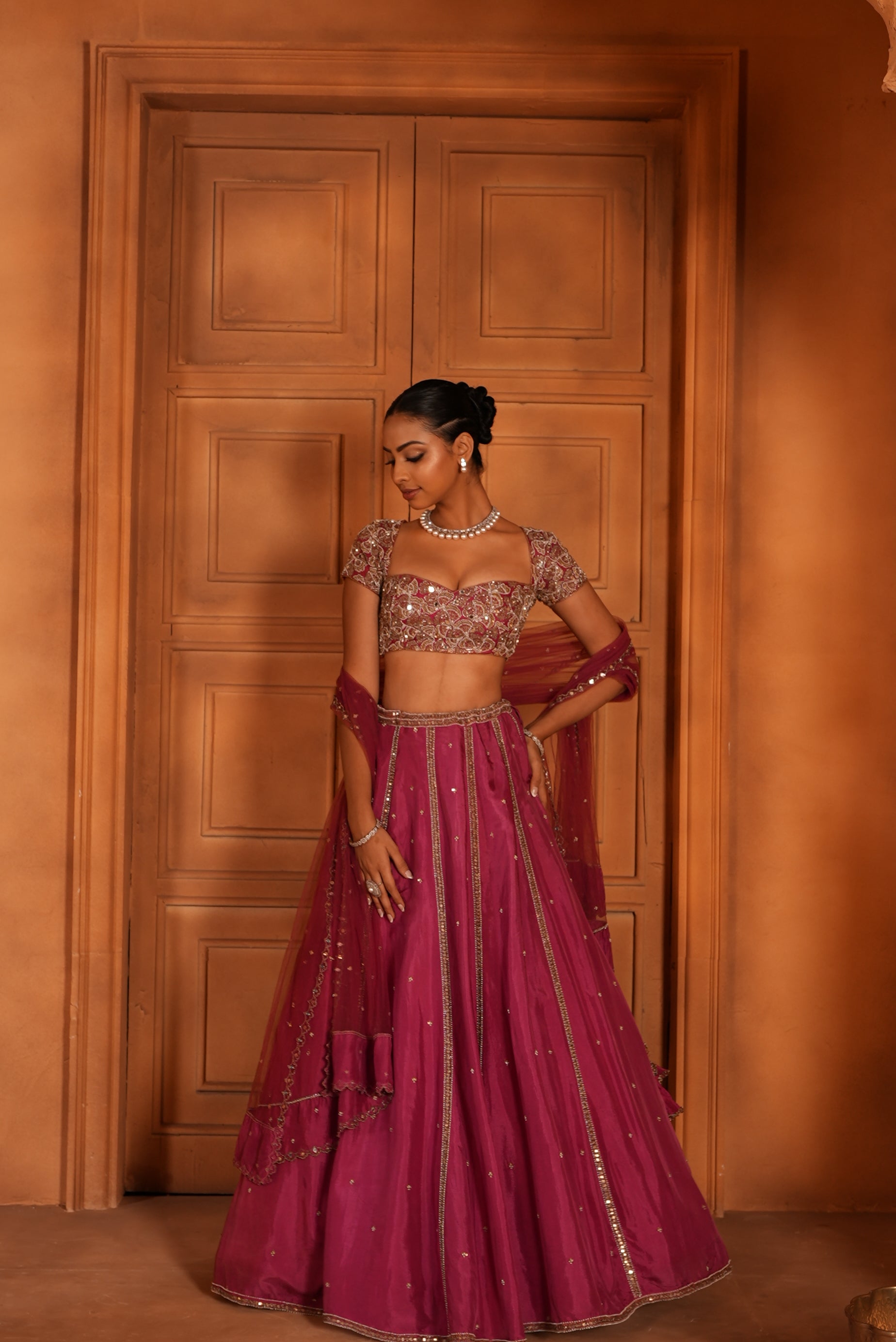 Rose Pink (Organza Blouse - cape Sleeves)Lehenga
