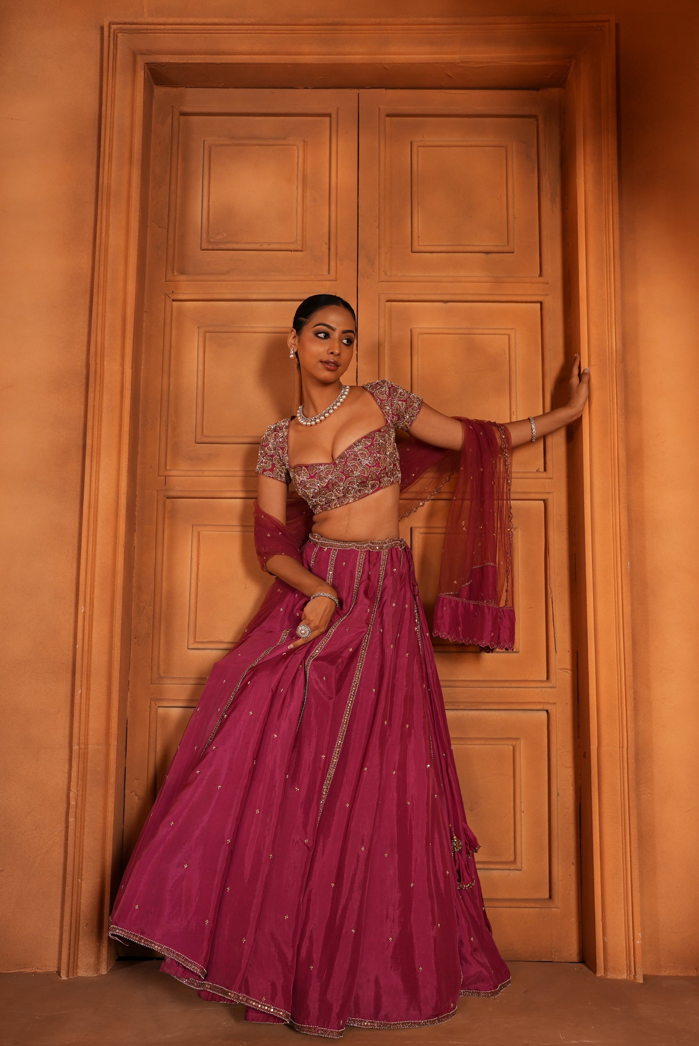 Rose Pink (Organza Blouse - cape Sleeves)Lehenga