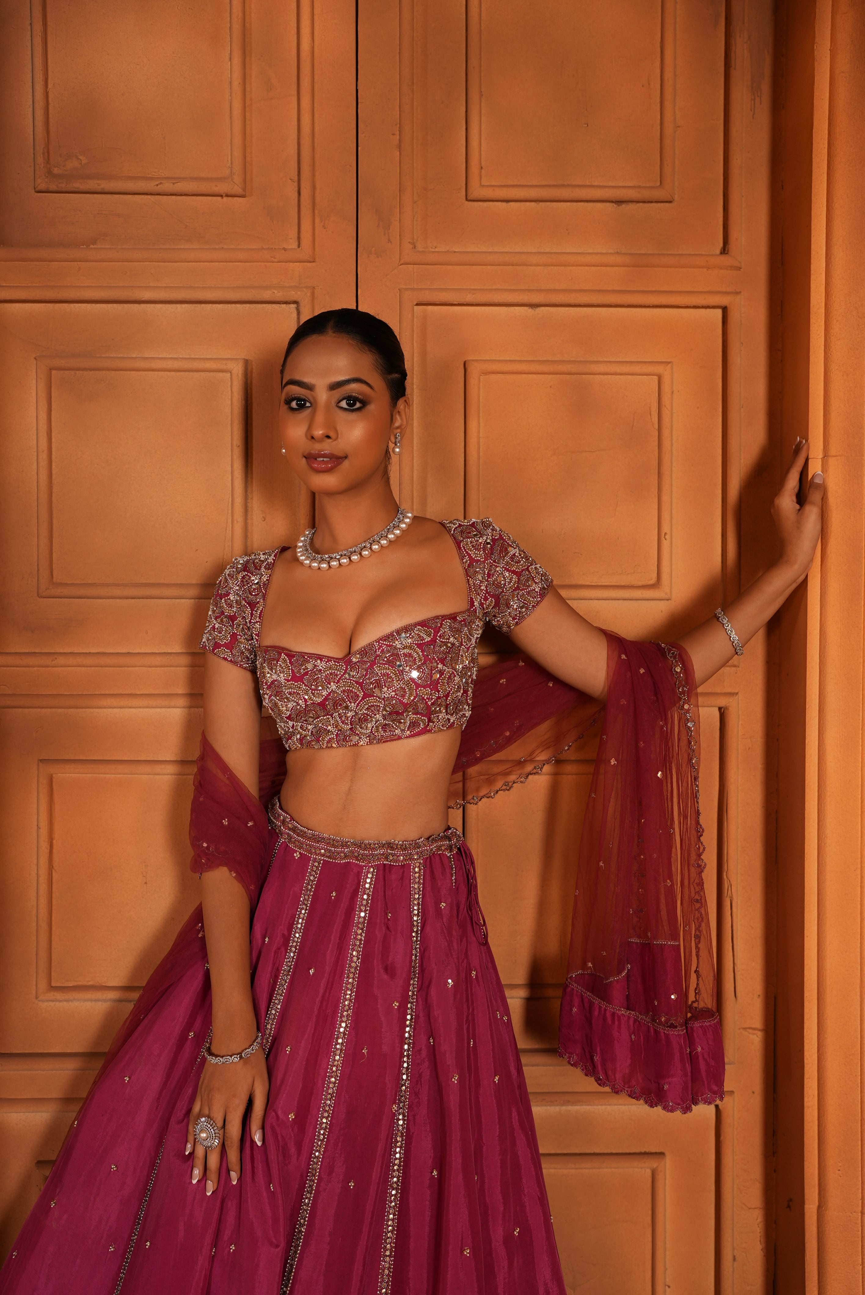 Rose Pink (Organza Blouse - cape Sleeves)Lehenga