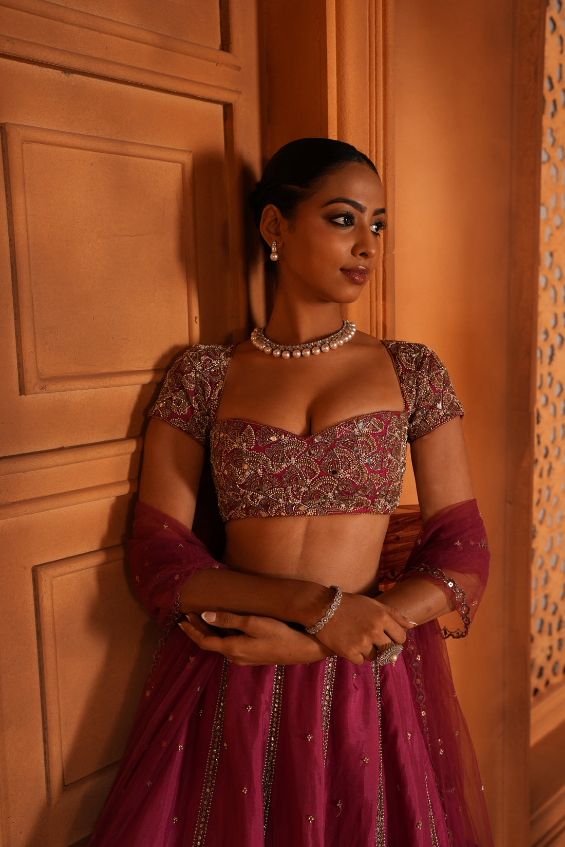 Rose Pink (Organza Blouse - cape Sleeves)Lehenga