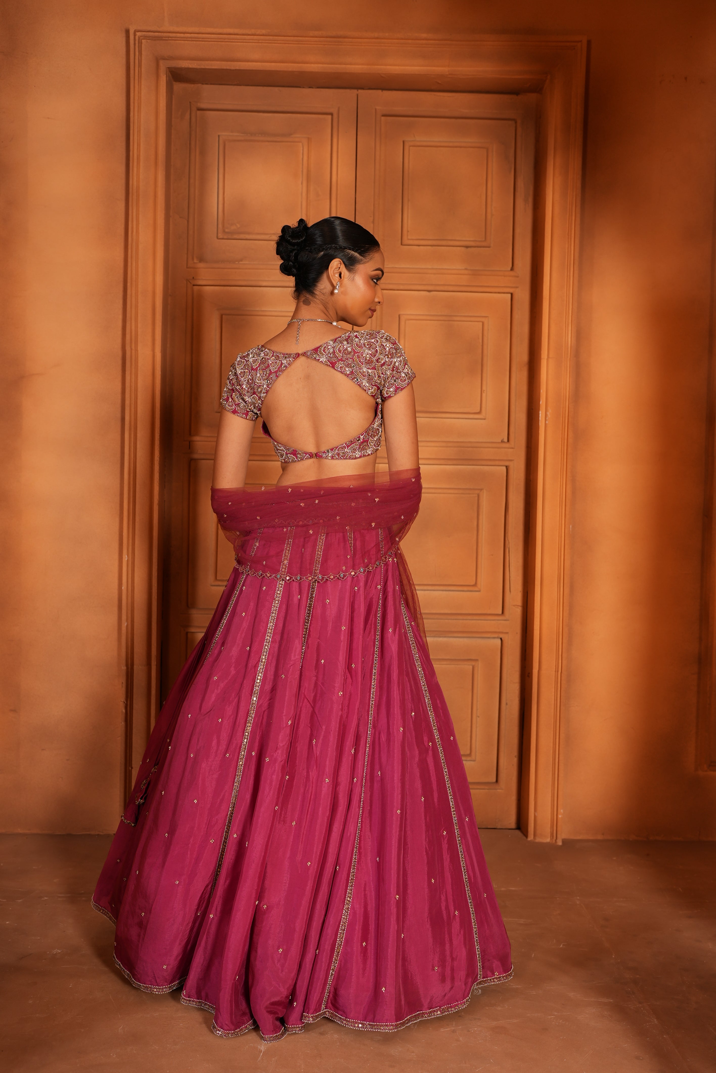 Rose Pink (Organza Blouse - cape Sleeves)Lehenga