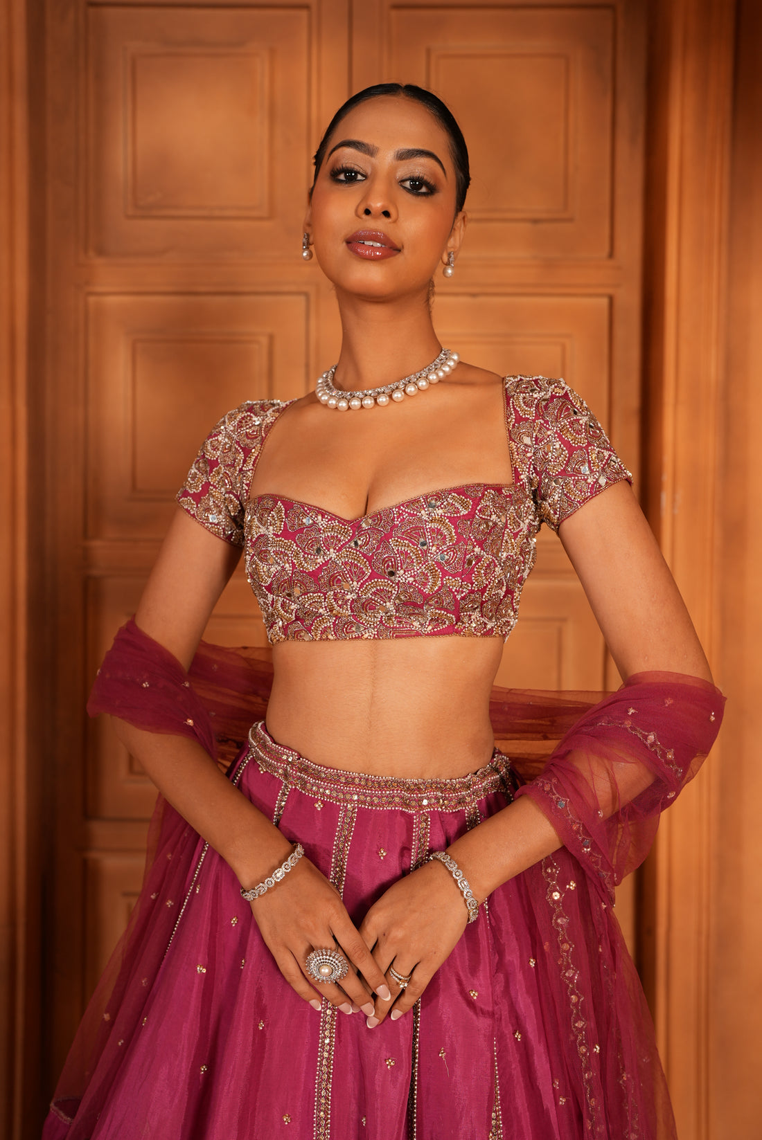Rose Pink (Organza Blouse - cape Sleeves)Lehenga