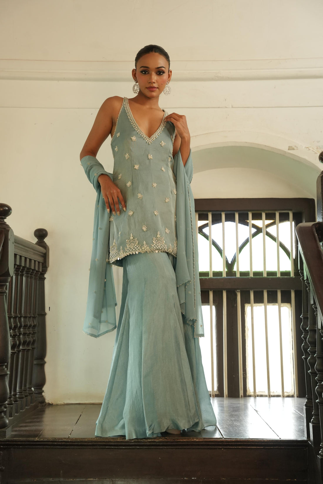 Pastle Blue (Zari InCut Top) Sharara Set