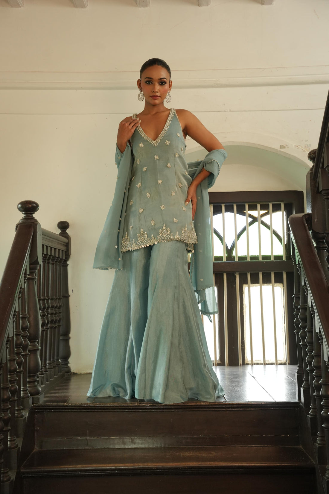 Pastle Blue (Zari InCut Top) Sharara Set