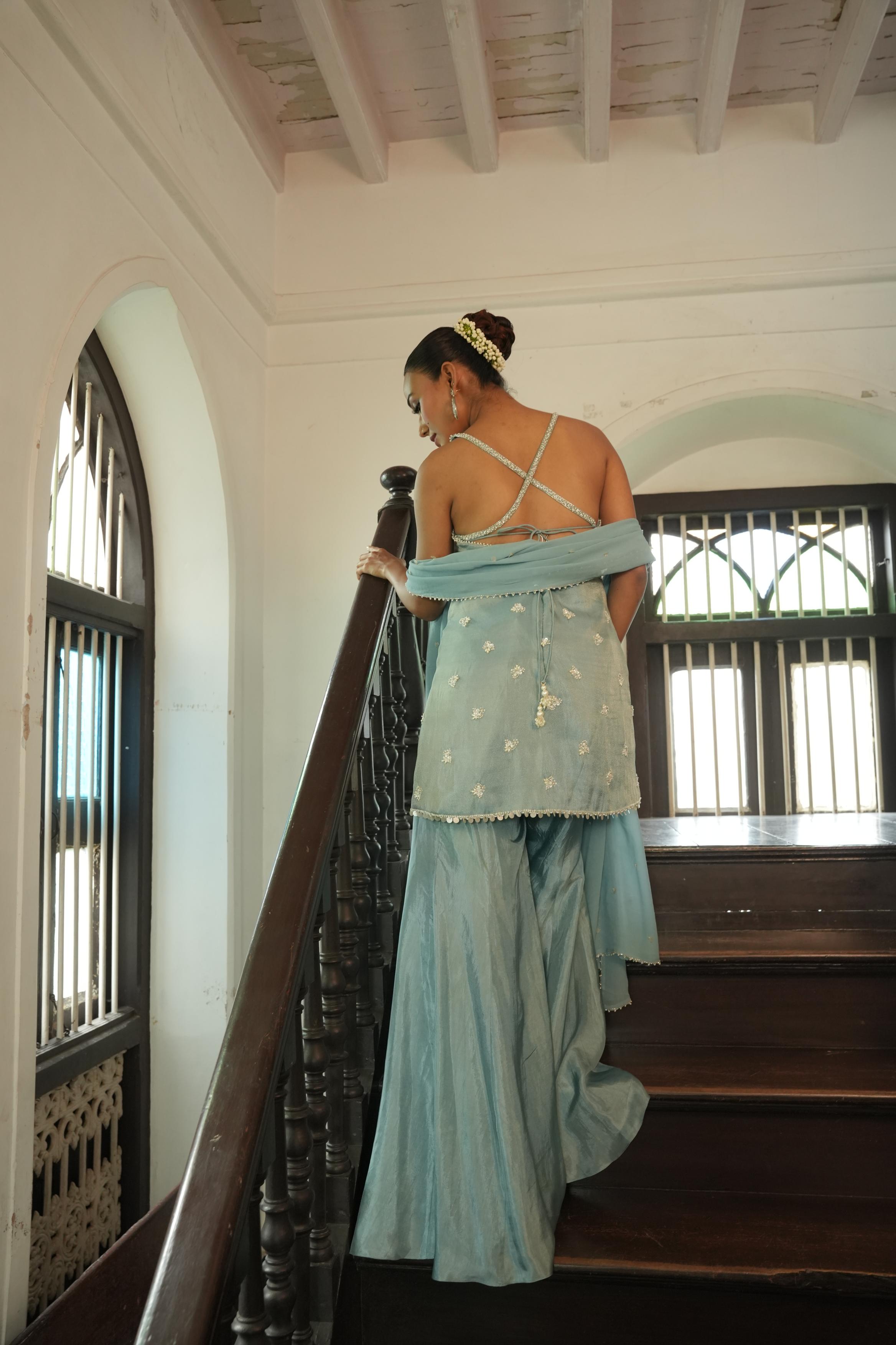 Pastle Blue (Zari InCut Top) Sharara Set