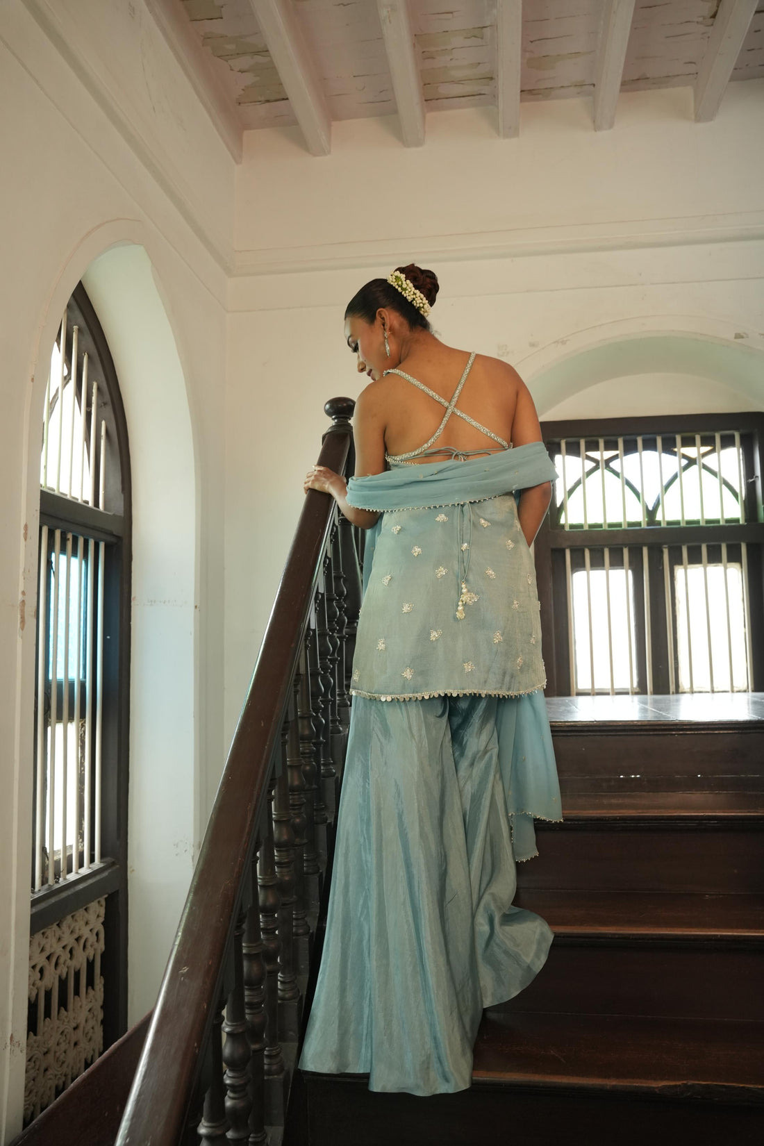 Pastle Blue (Zari InCut Top) Sharara Set