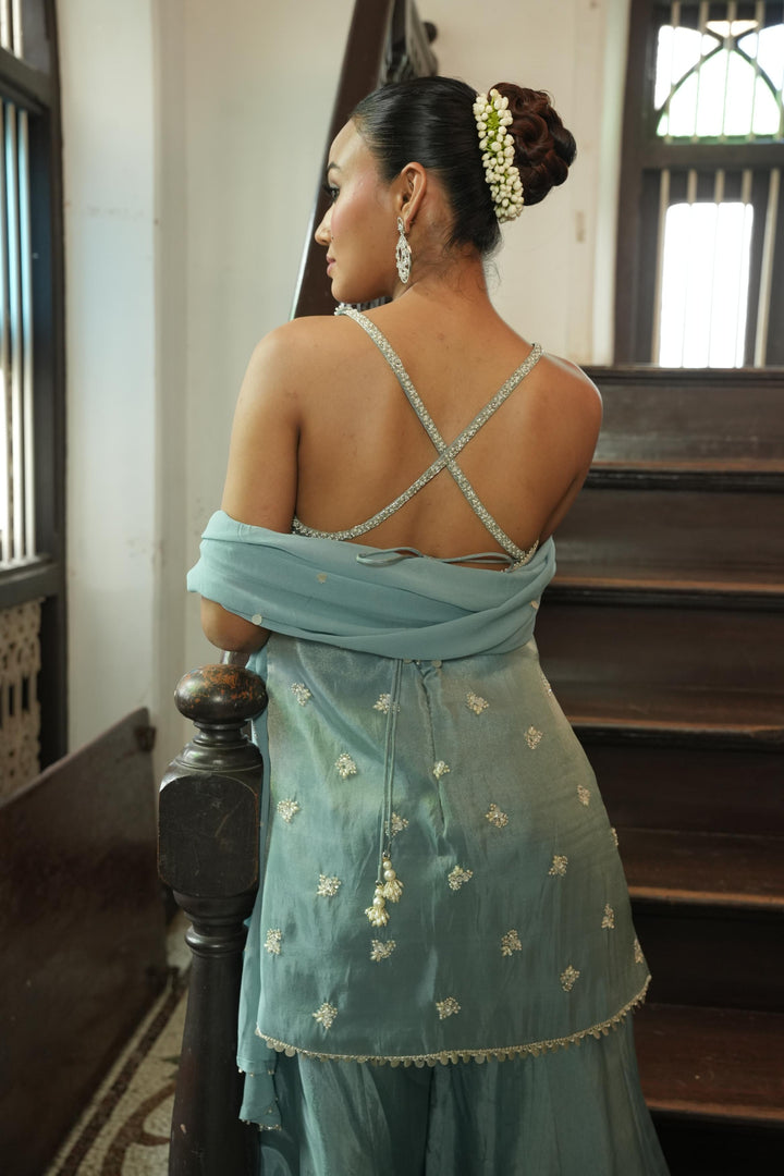 Pastle Blue (Zari InCut Top) Sharara Set