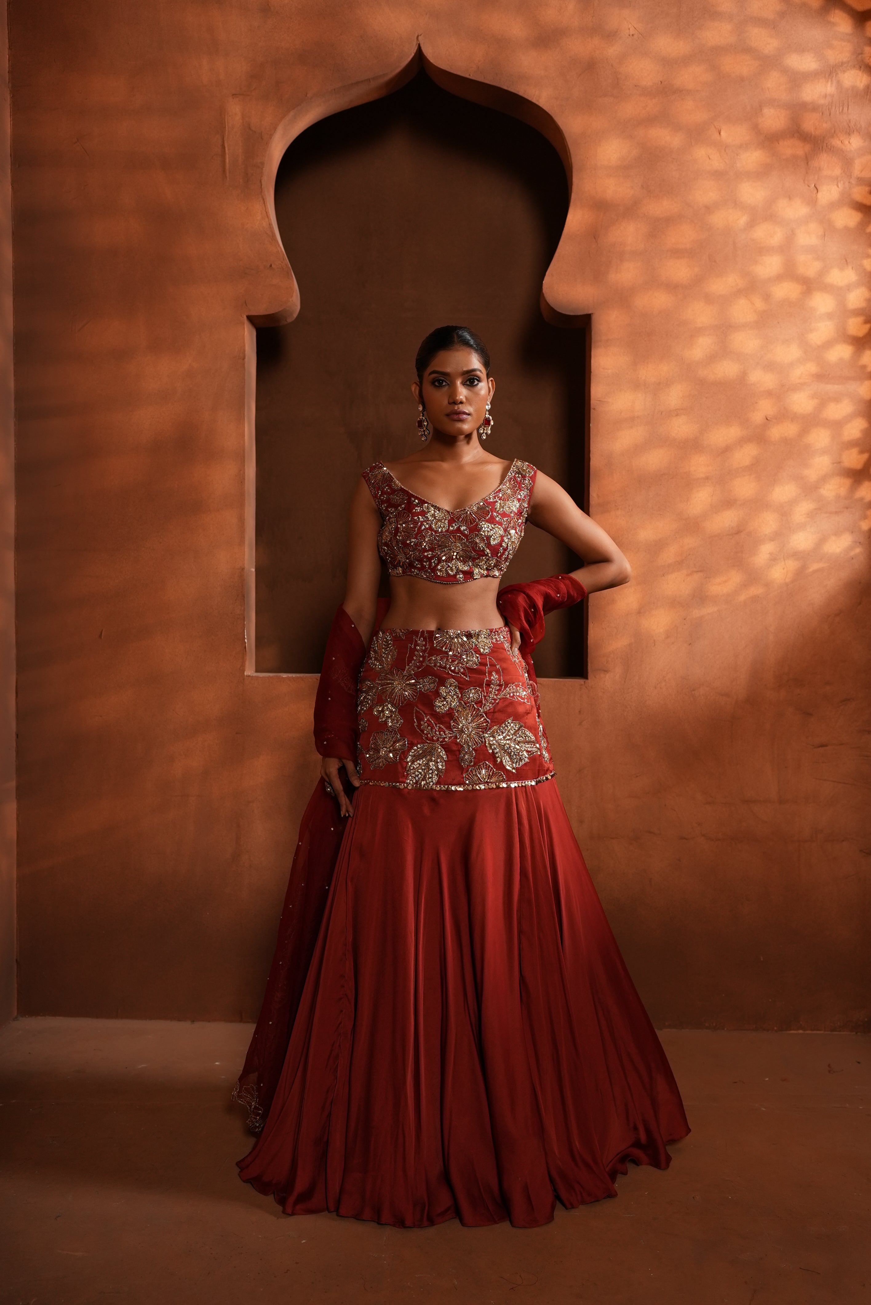Brunt Orange (Fish-Cut) Lehenga