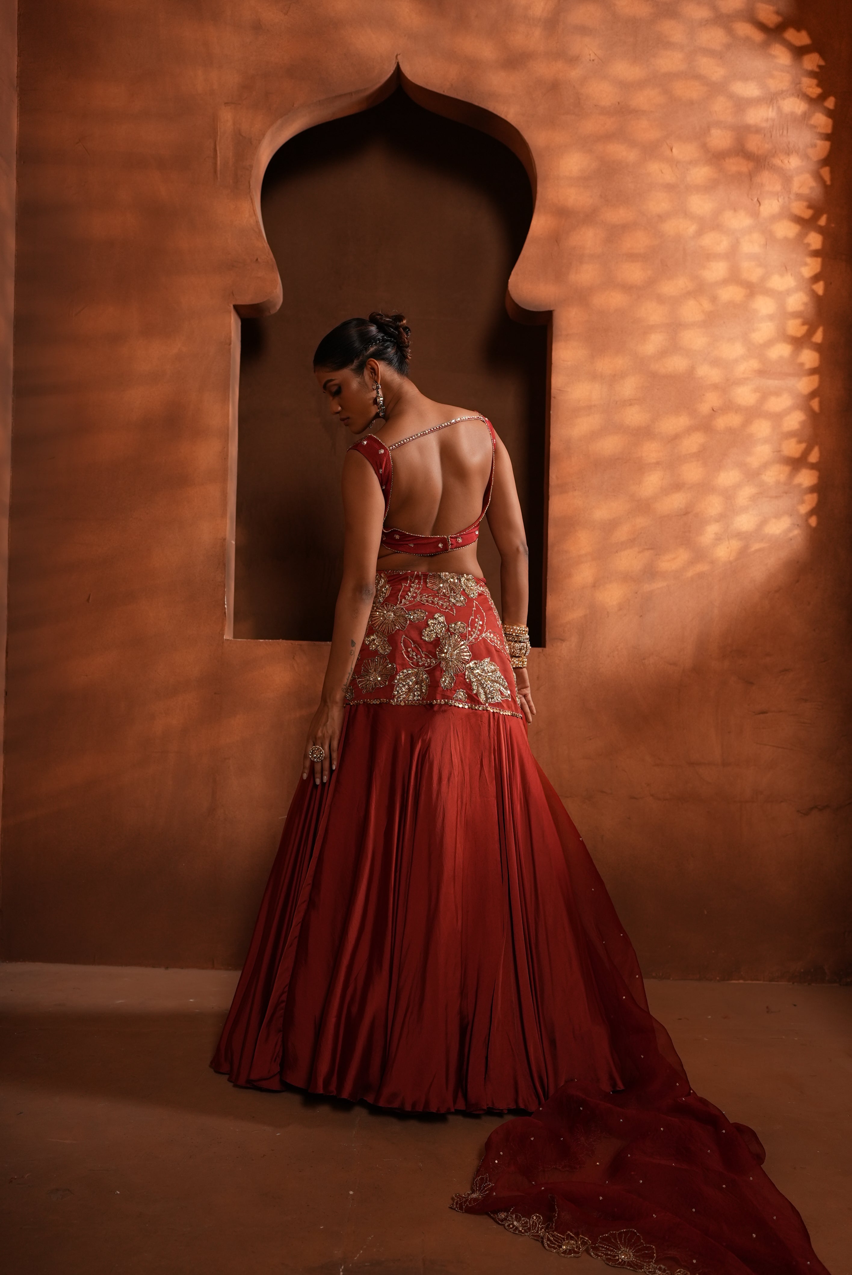 Brunt Orange (Fish-Cut) Lehenga