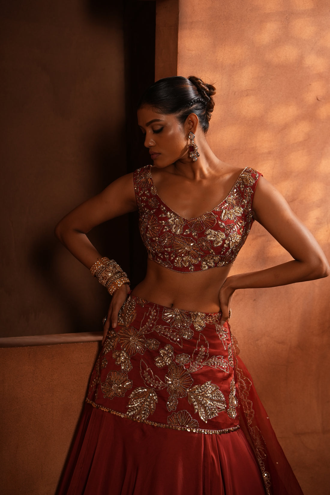 Brunt Orange (Fish-Cut) Lehenga