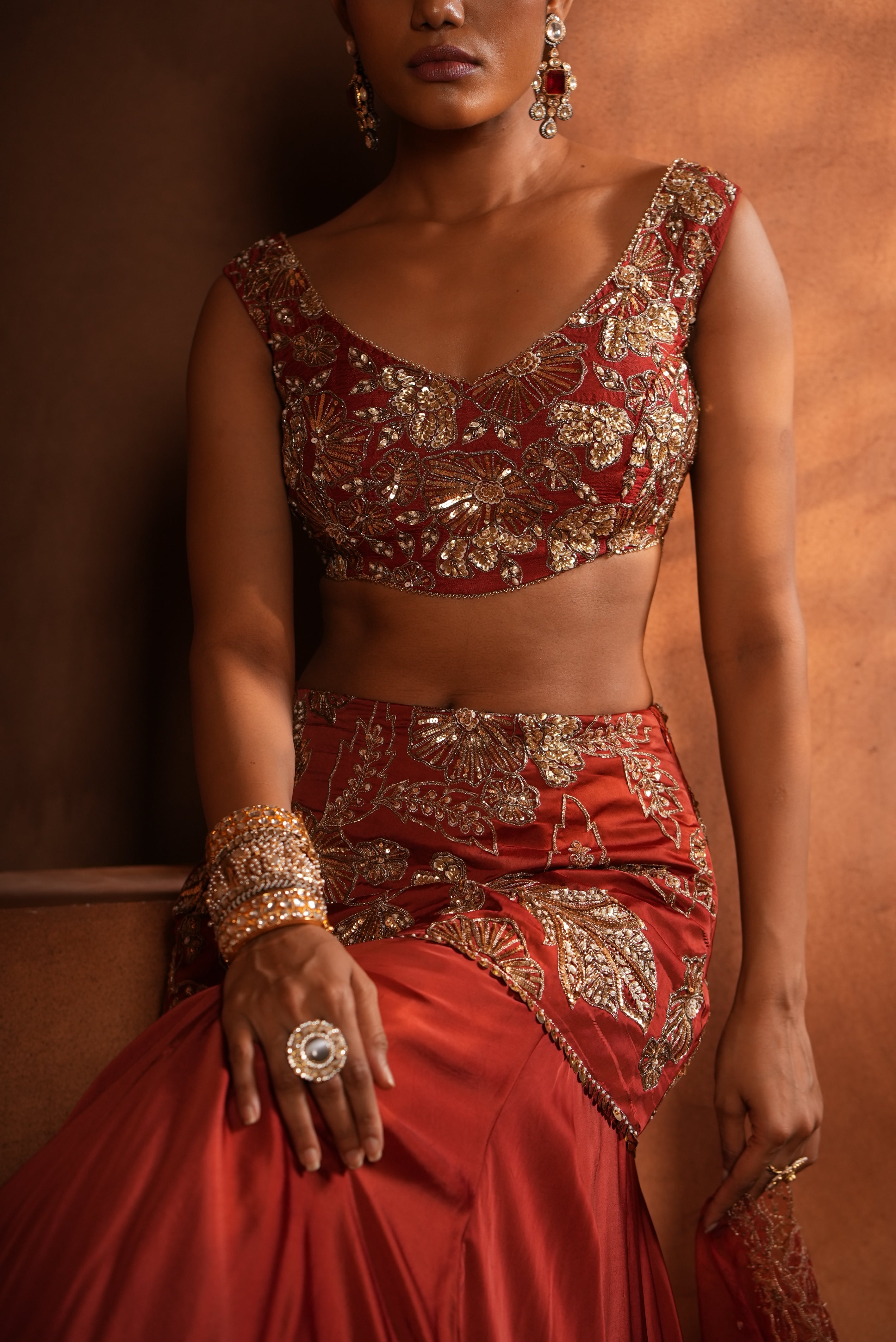 Brunt Orange (Fish-Cut) Lehenga