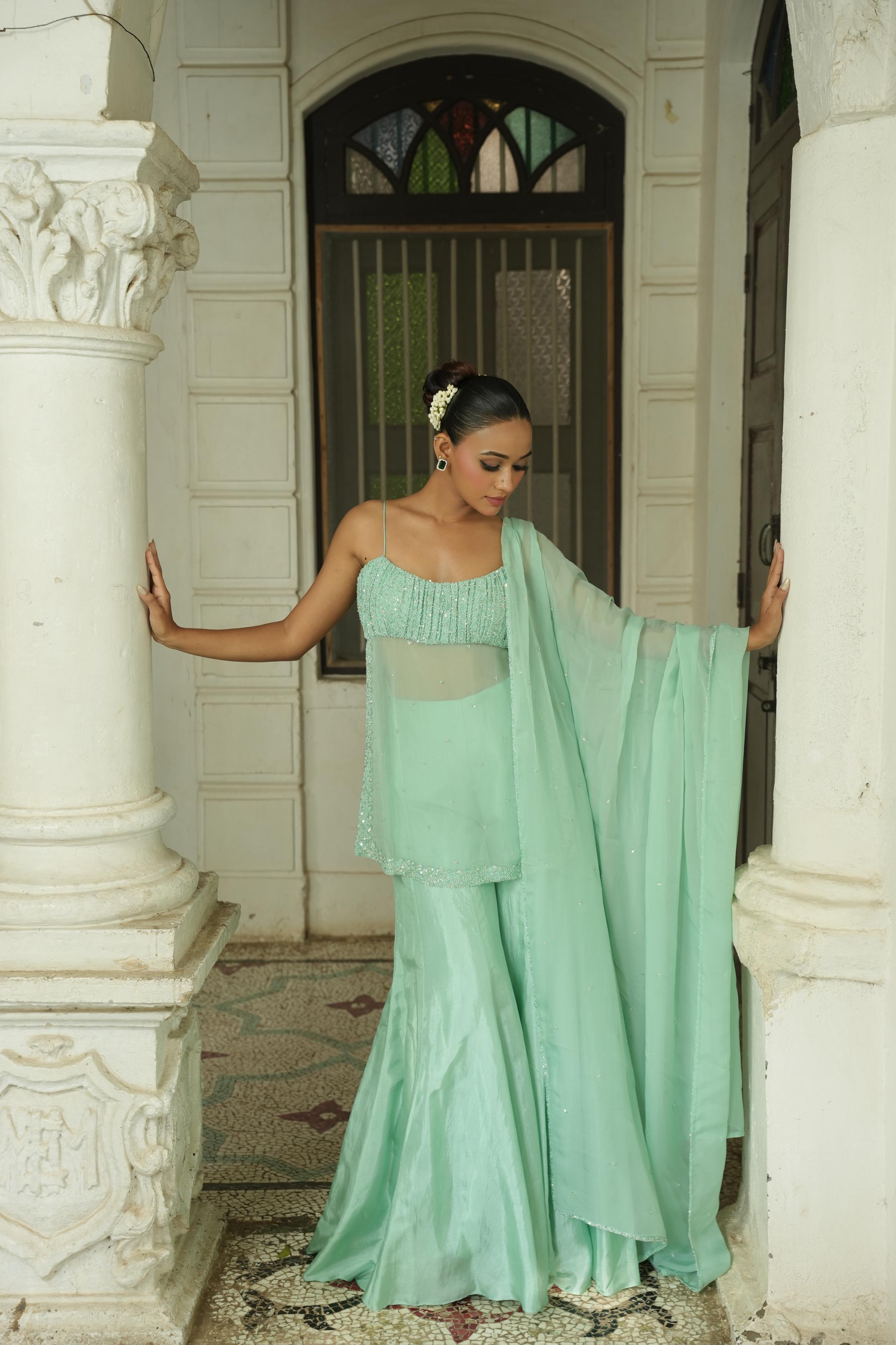 Pastle Blue- Green (Pleated Yoke) Sharara Set