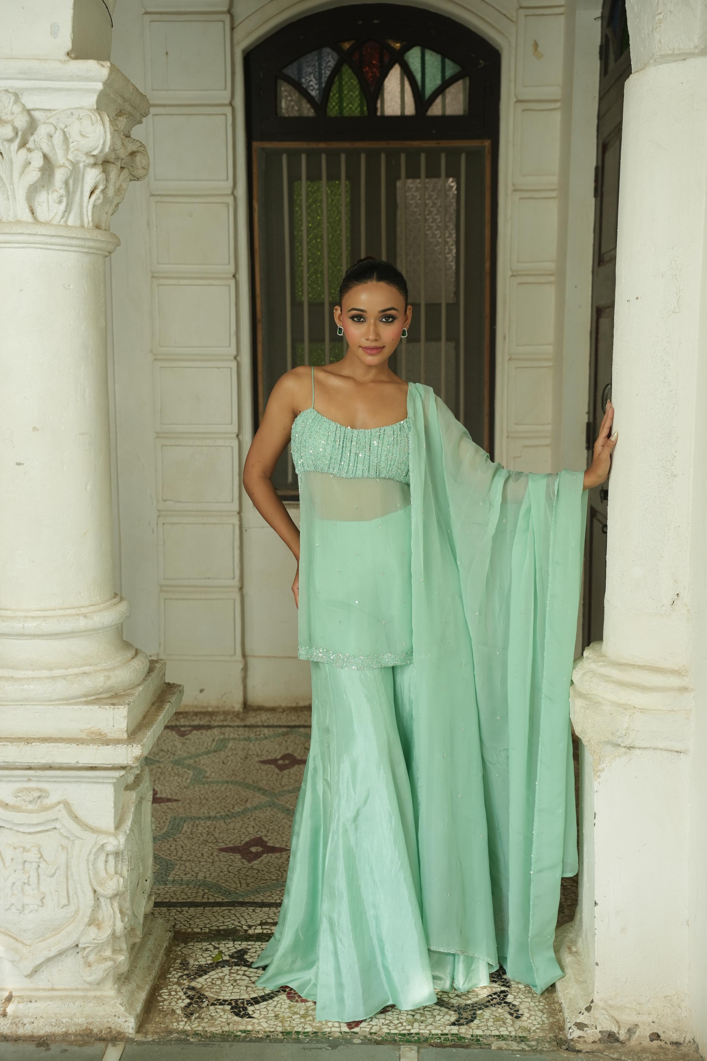 Pastle Blue- Green (Pleated Yoke) Sharara Set