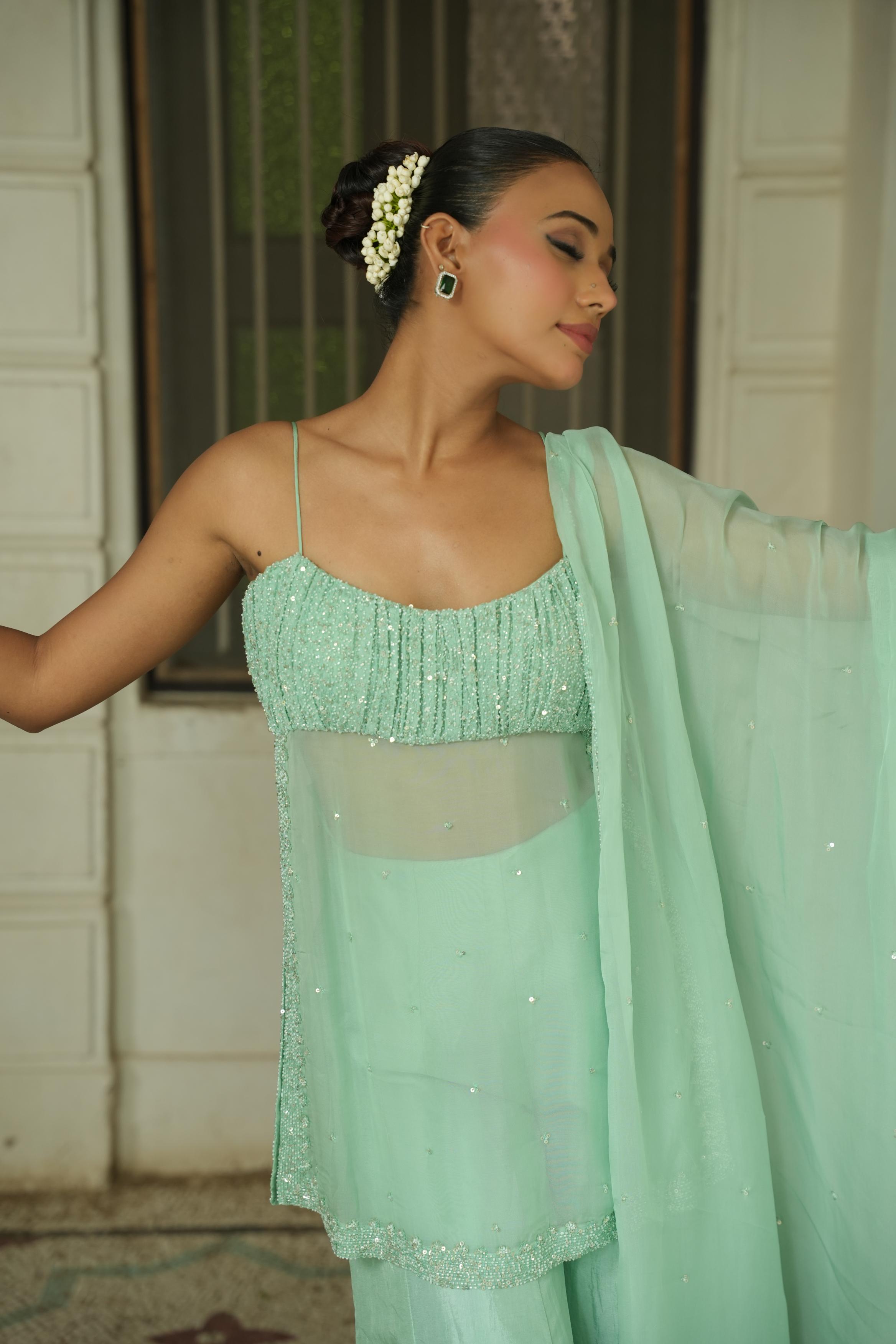 Pastle Blue- Green (Pleated Yoke) Sharara Set