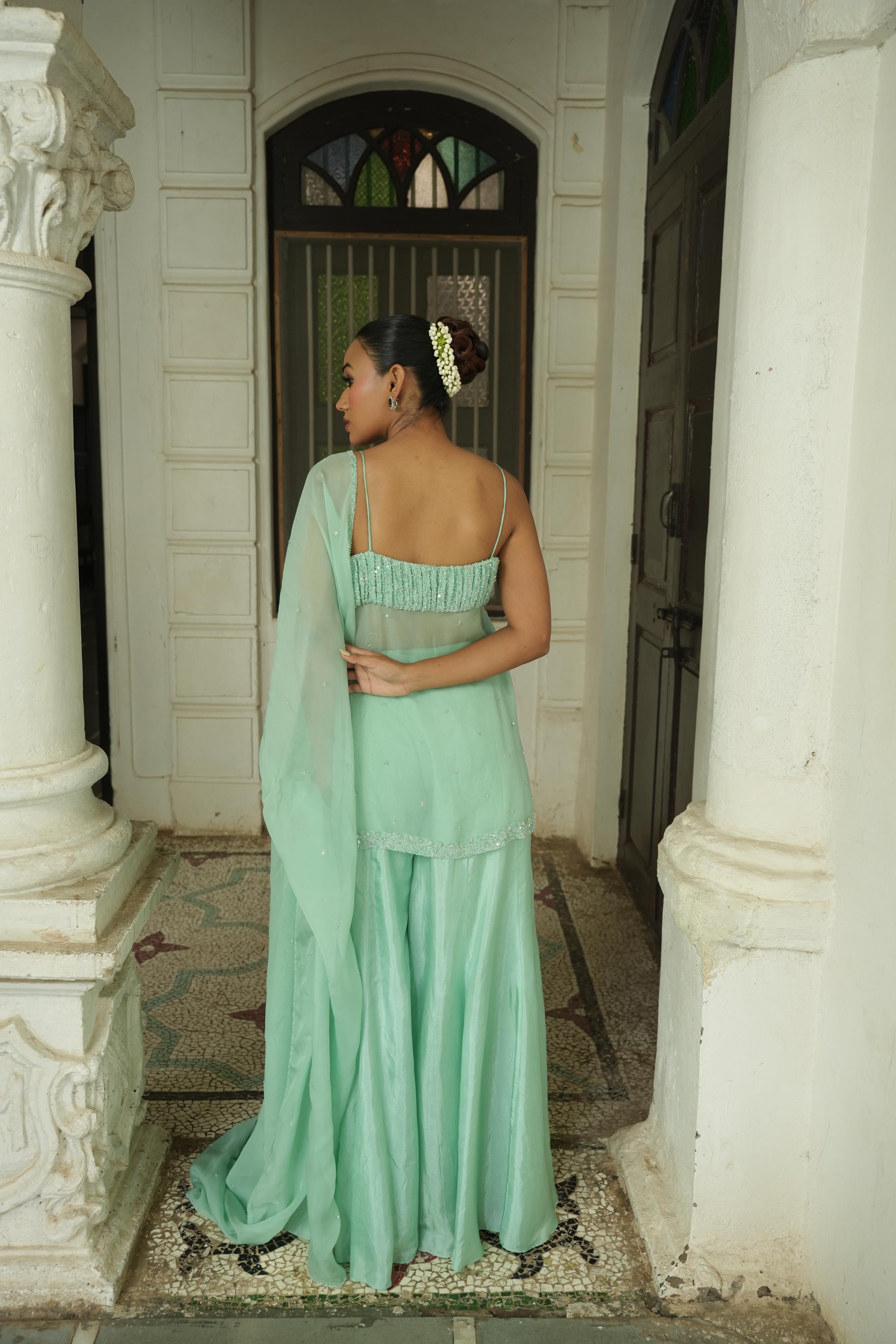 Pastle Blue- Green (Pleated Yoke) Sharara Set