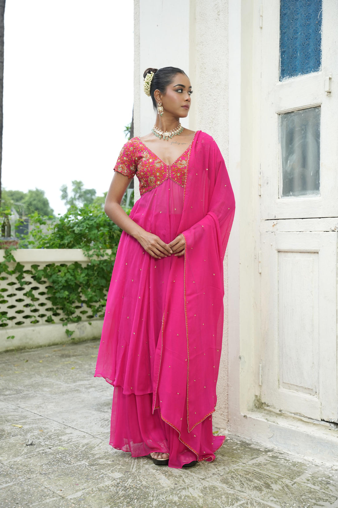 Gulabi Pink (Resham Detail) Anarkali With Sharara Set